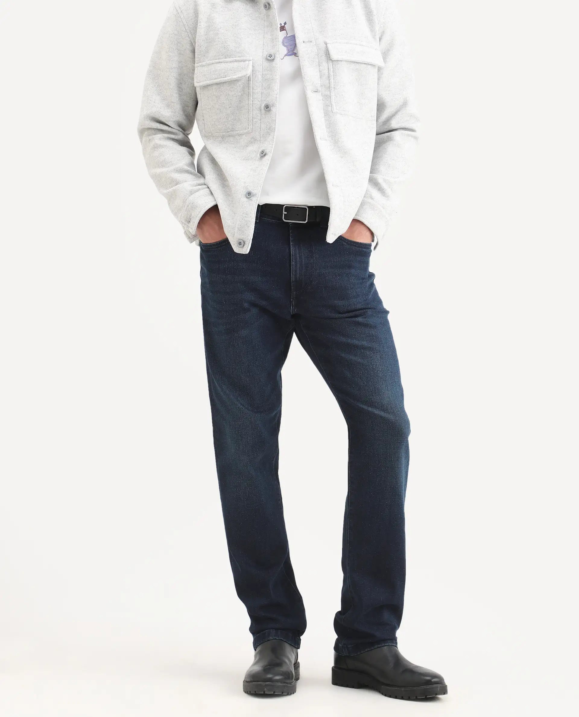 Rare Rabbit Men's Evolve 26 Dark Navy Cotton Blend Morris Regular Fit Plain Jeans