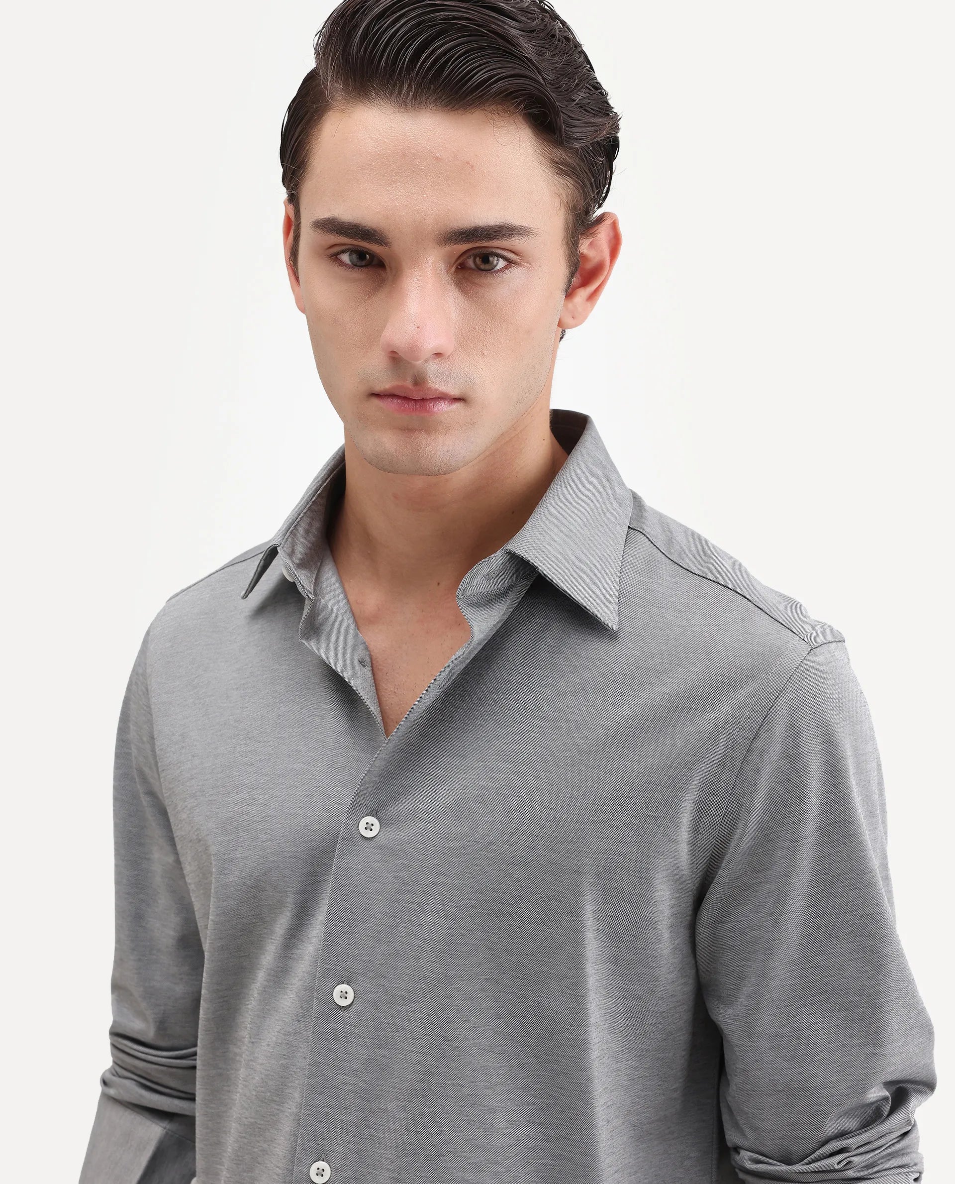 Rare Rabbit Men's Bogi Light Grey Cotton Blend Full Sleeve Spread Collar Regular Fit Plain Shirt