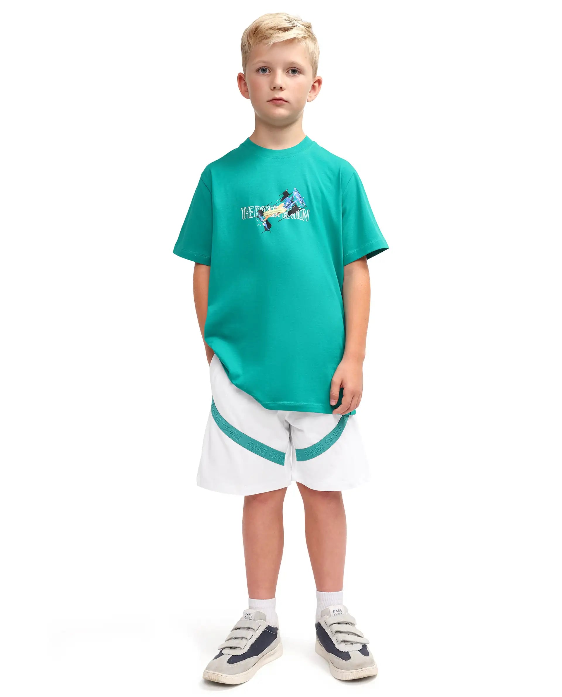 Rare Ones Kids Dream-B White Cotton Fabric Drawstring Closure Badge Applique Regular Fit Shorts