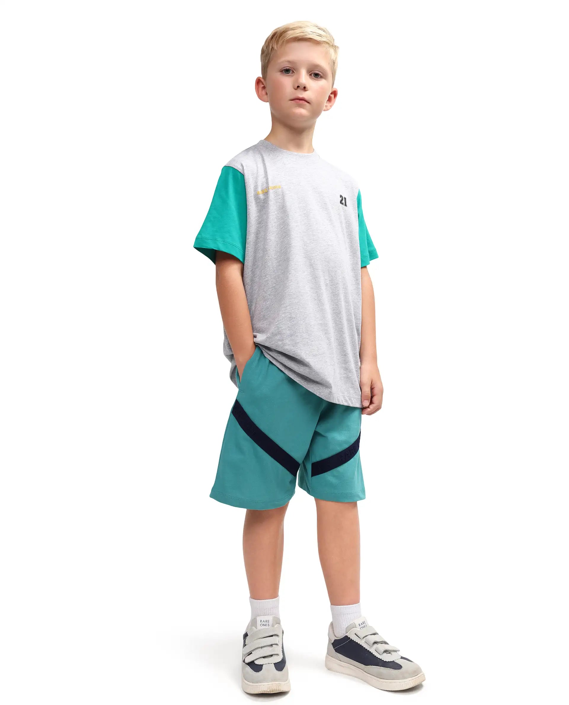 Rare Ones Kids Dream-B Teal Cotton Fabric Drawstring Closure Badge Applique Regular Fit Shorts