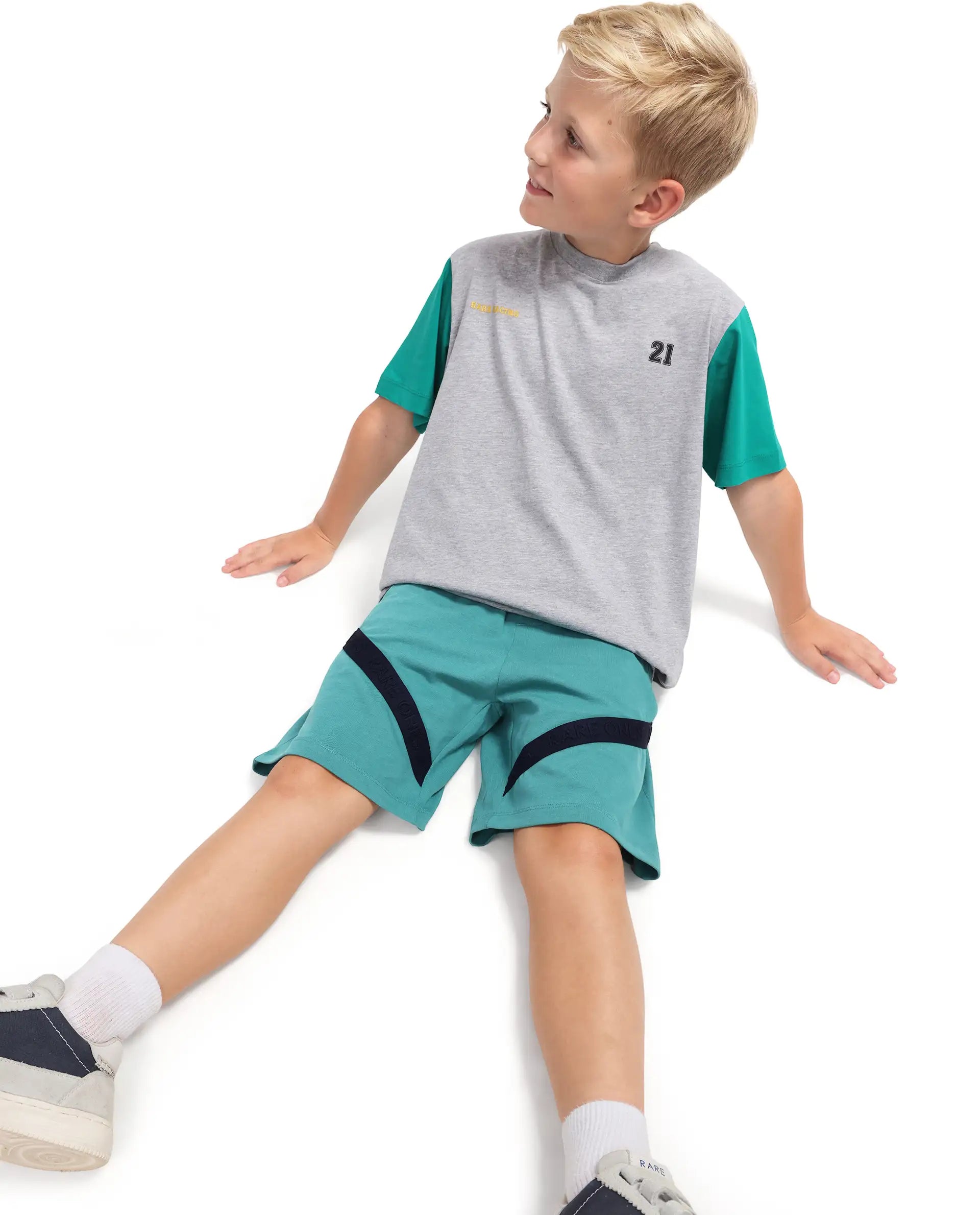 Rare Ones Kids Dream-B Teal Cotton Fabric Drawstring Closure Badge Applique Regular Fit Shorts
