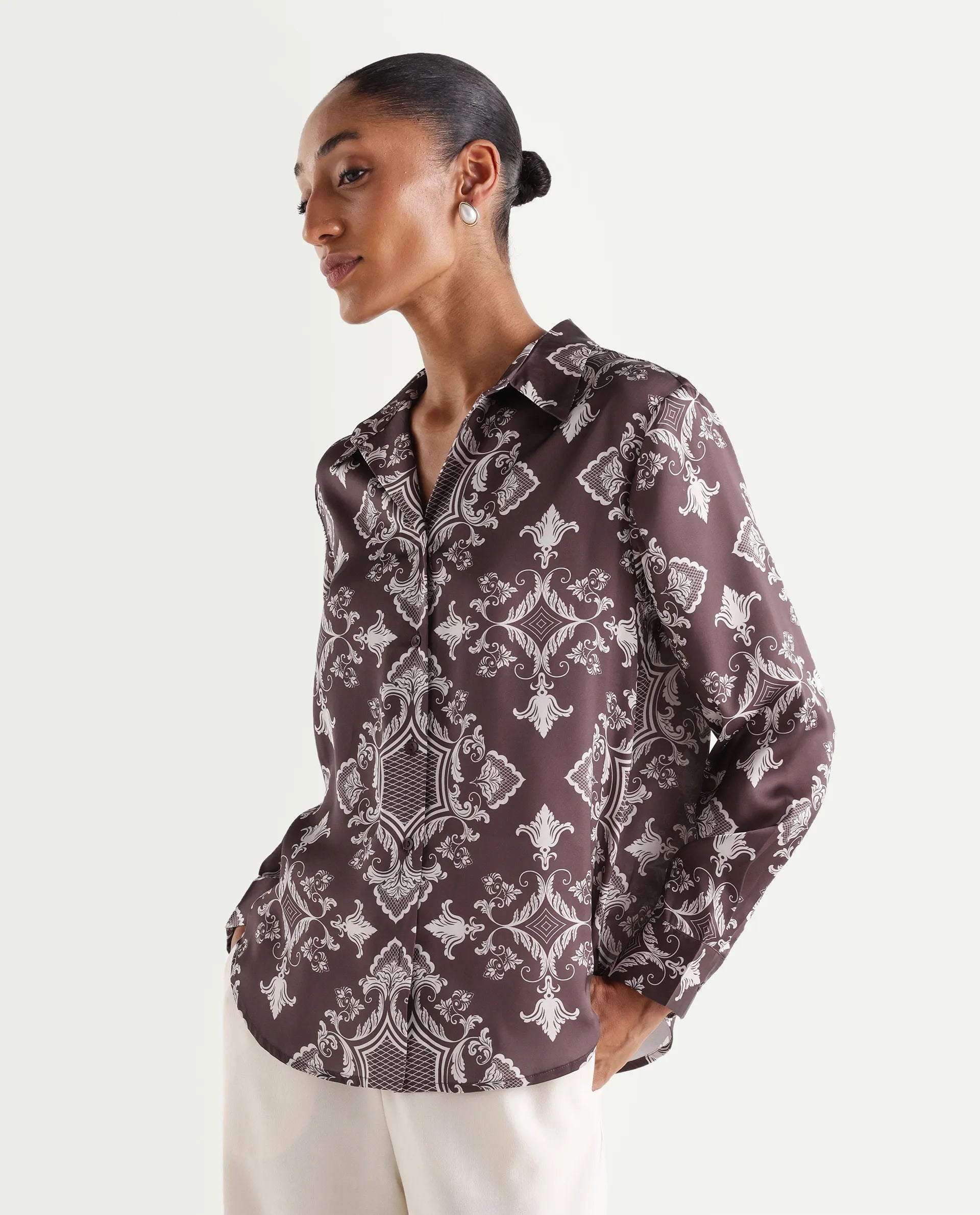 Rareism Women's Alor Brown Polyester Full Sleeve Spread Collar Relaxed Fit Printed Shirt
