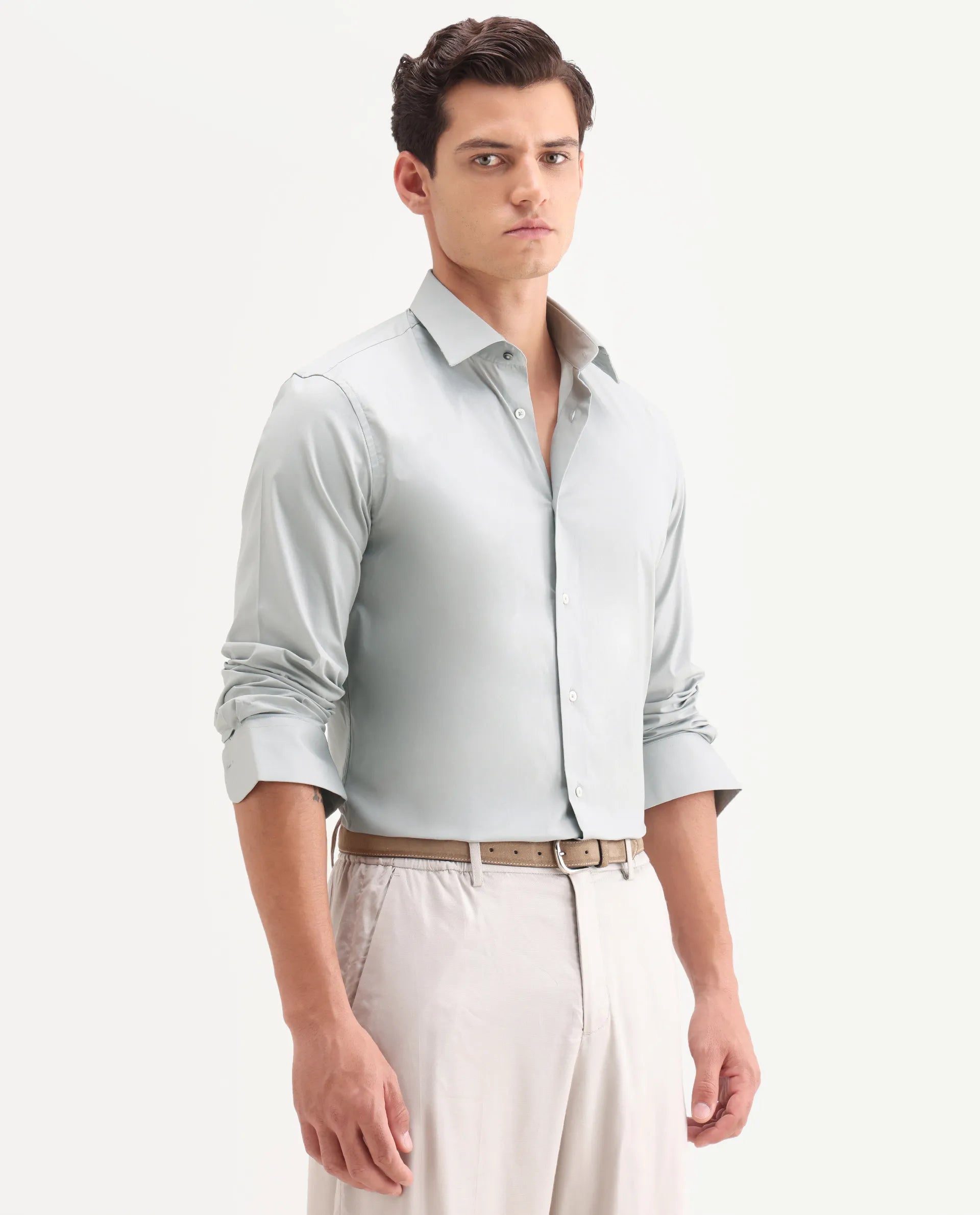 Rare Rabbit Men's Neutron-Ss26 Dusky Green Cotton Blend Full Sleeve Spread Collar Regular Fit Plain Shirt