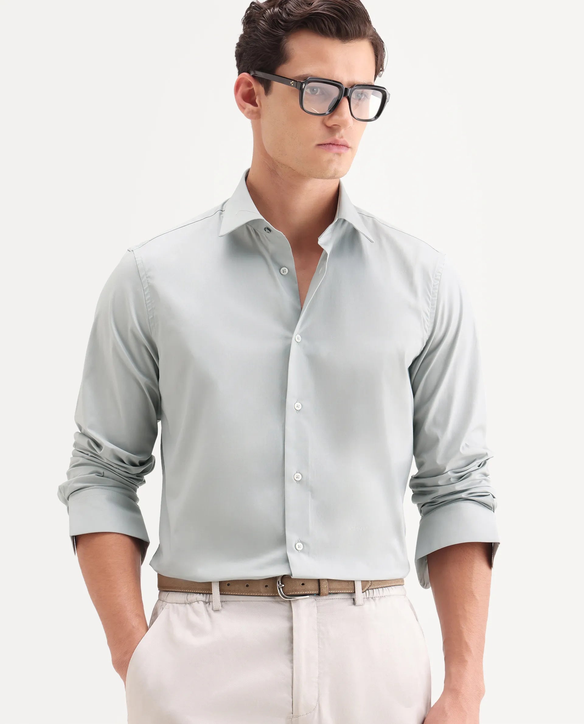 Rare Rabbit Men's Neutron-Ss26 Dusky Green Cotton Blend Full Sleeve Spread Collar Regular Fit Plain Shirt