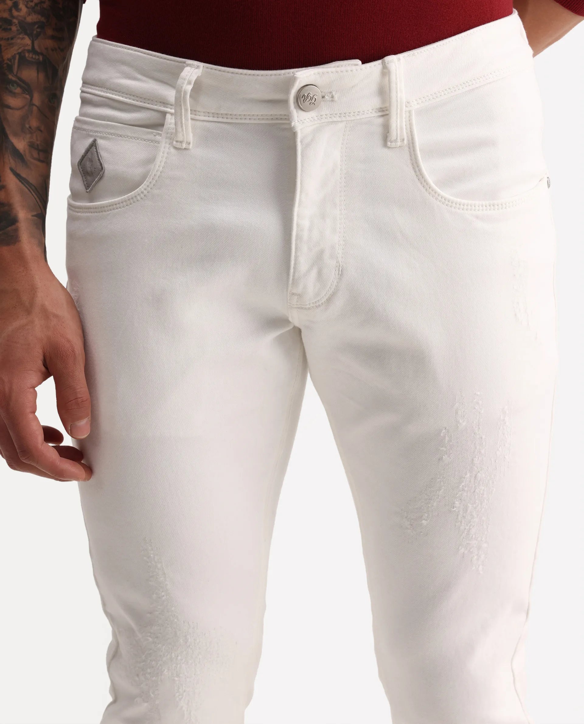 Rare Rabbit Men's Astra W White Cotton Blend Hawk Slim Fit Plain Jeans