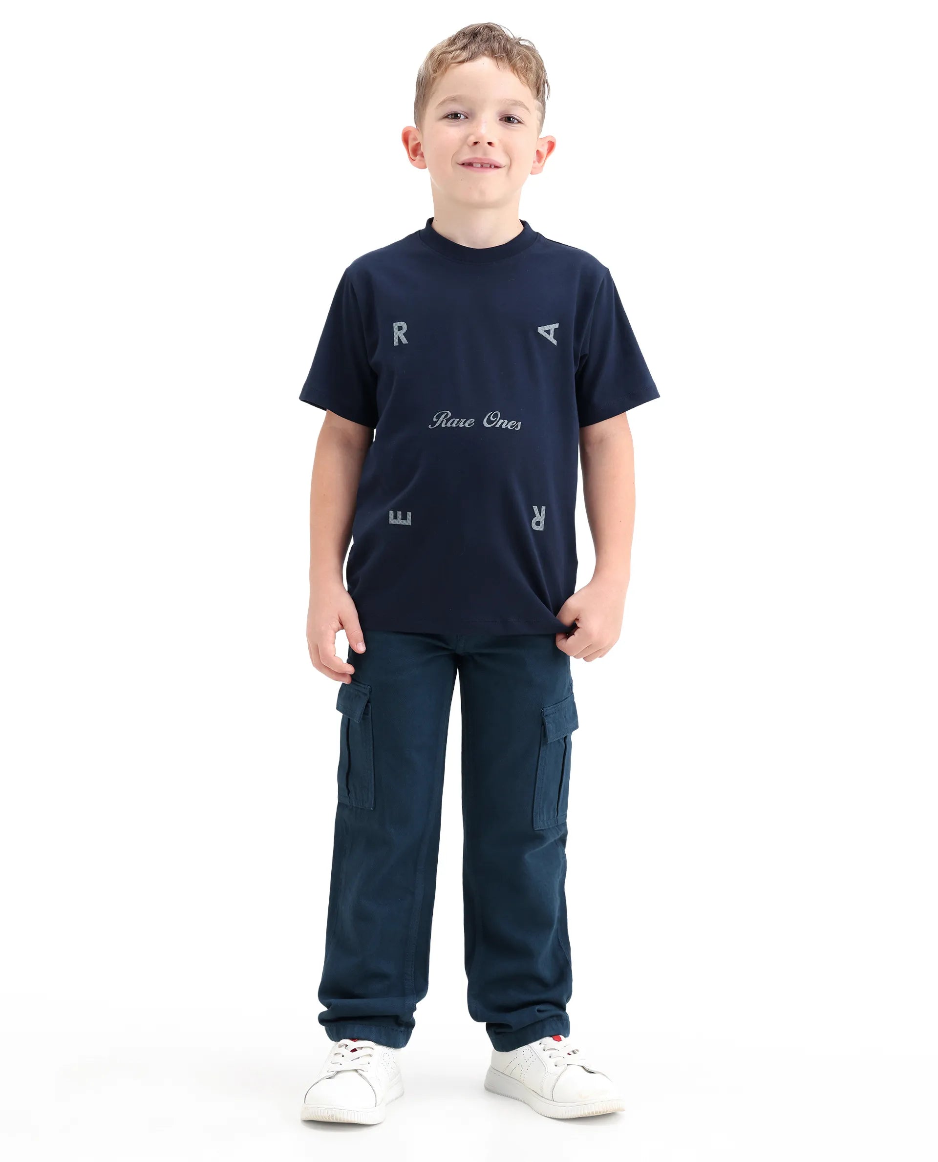 Rare Ones Kids Arrot-1 Dark Teal Cotton Fabric Zipper Closure Cargo Fit Jeans