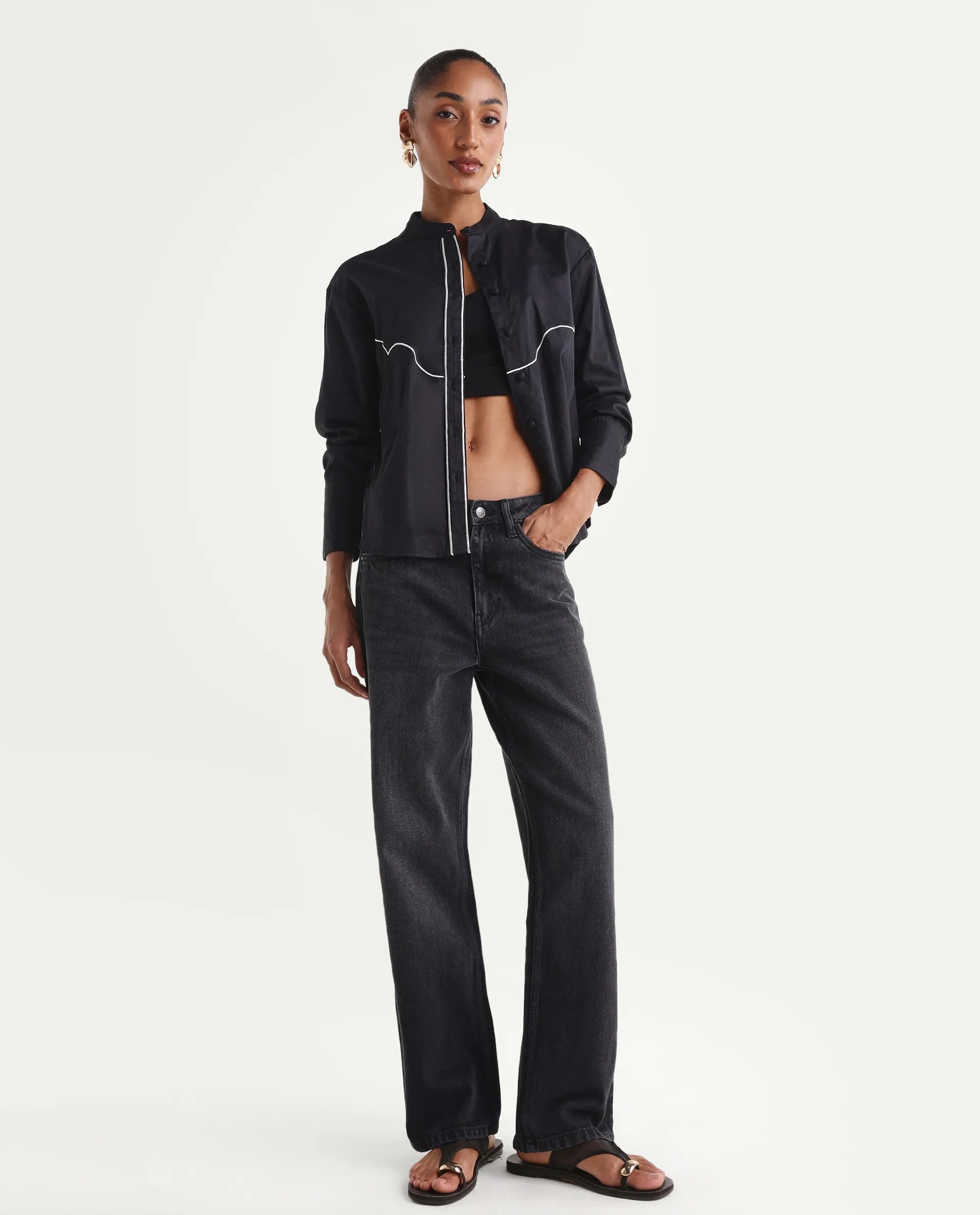 Rareism Women's Strine Black Cotton Straight Fit Plain Jeans