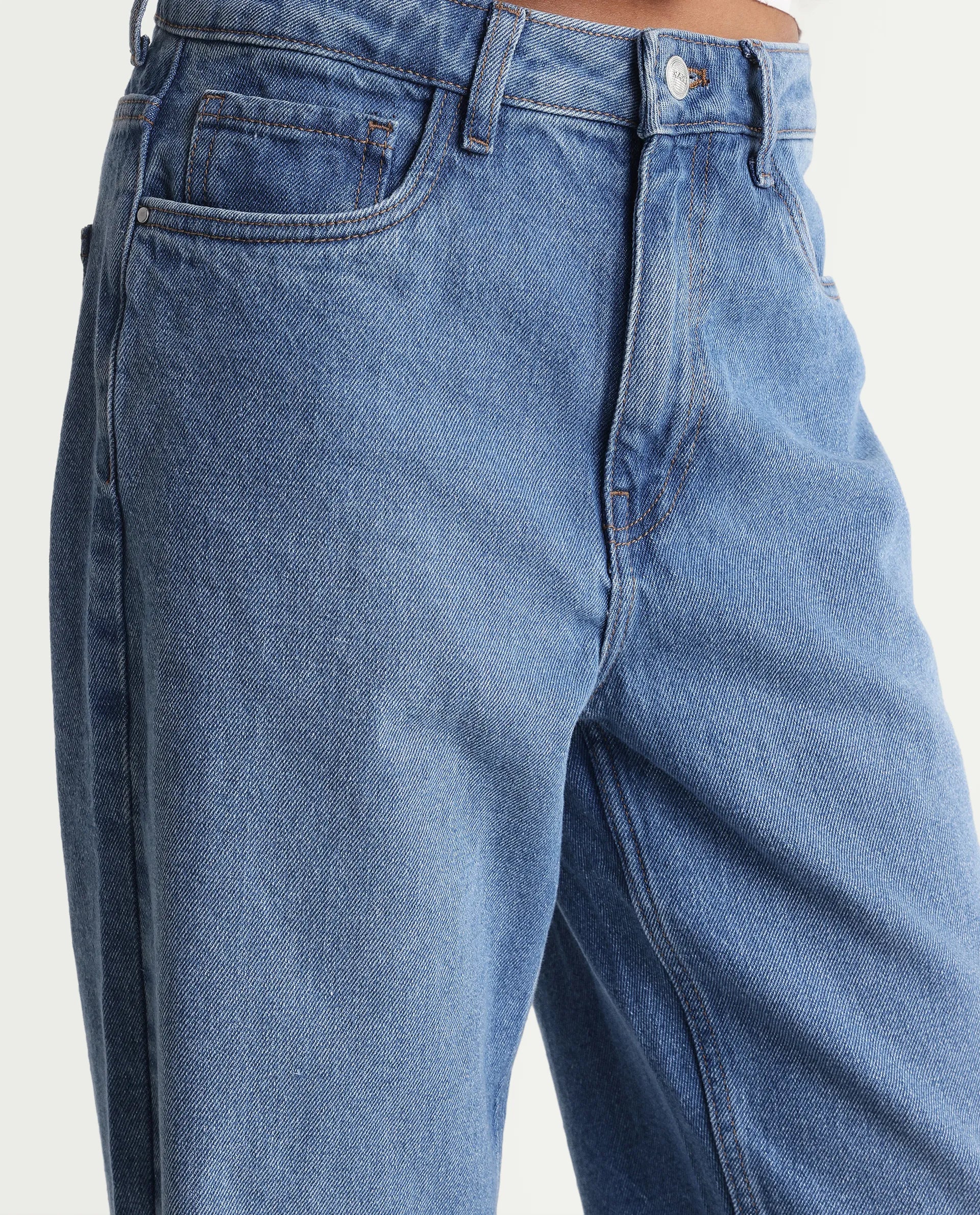 Rareism Women's Strade Blue Cotton Straight Fit Plain Jeans