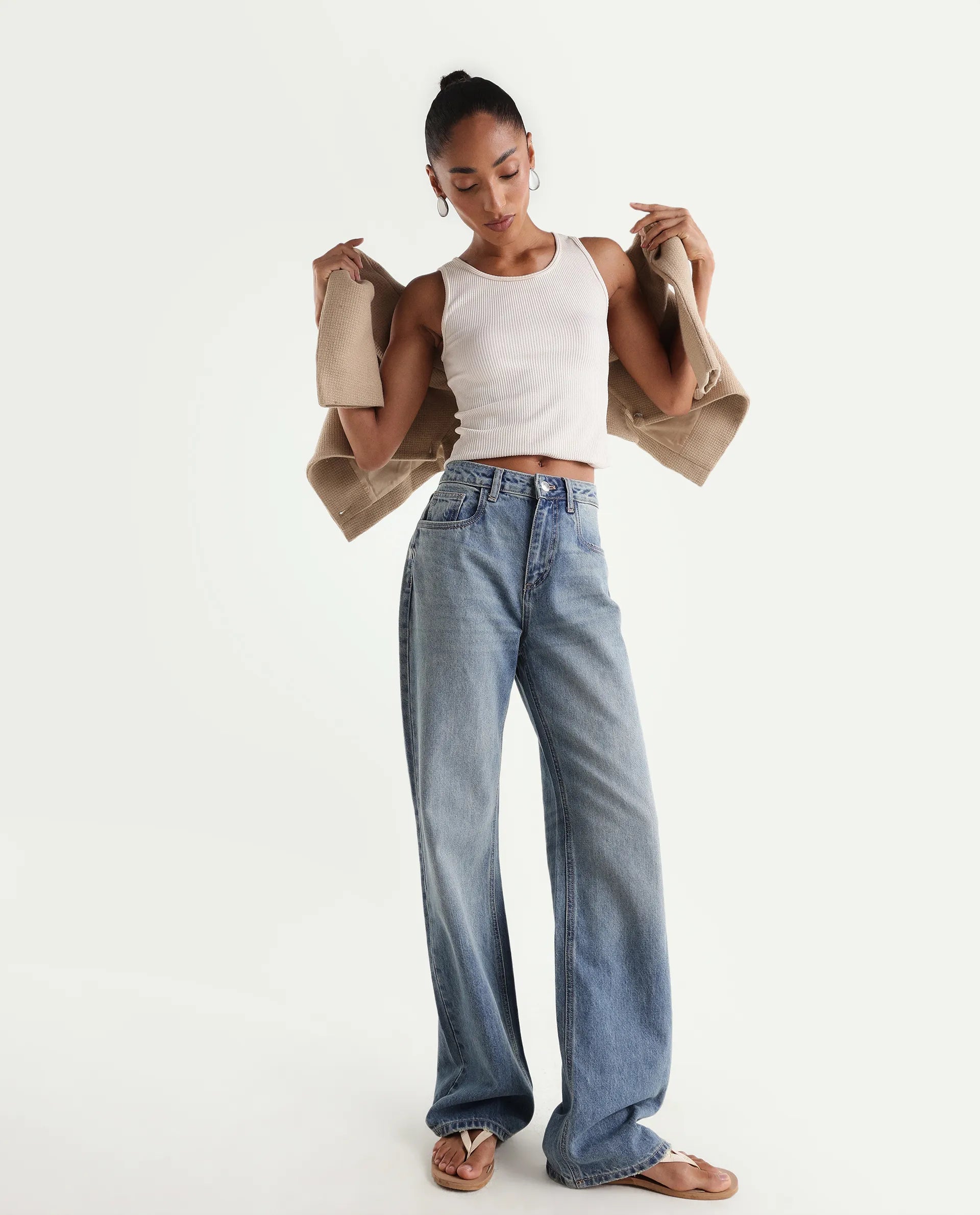 Rareism Women's Stara Light Blue Cotton Blend Straight Fit Plain Jeans