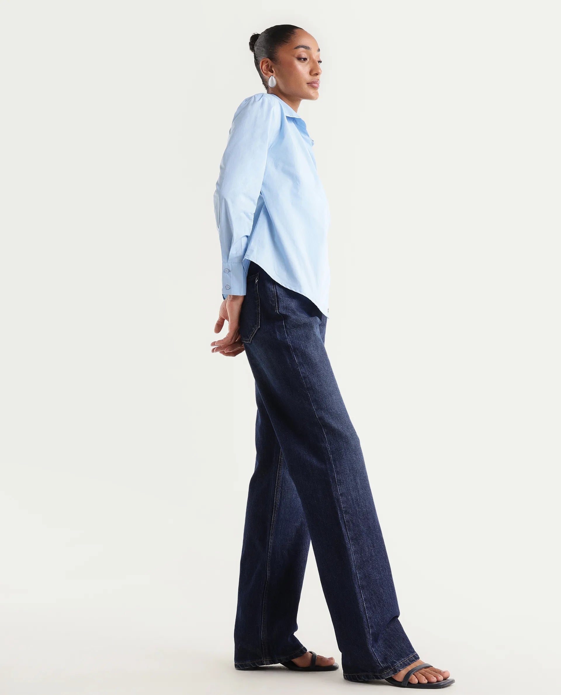 Rareism Women's Stalia Dark Blue Cotton Blend Straight Fit Plain Jeans