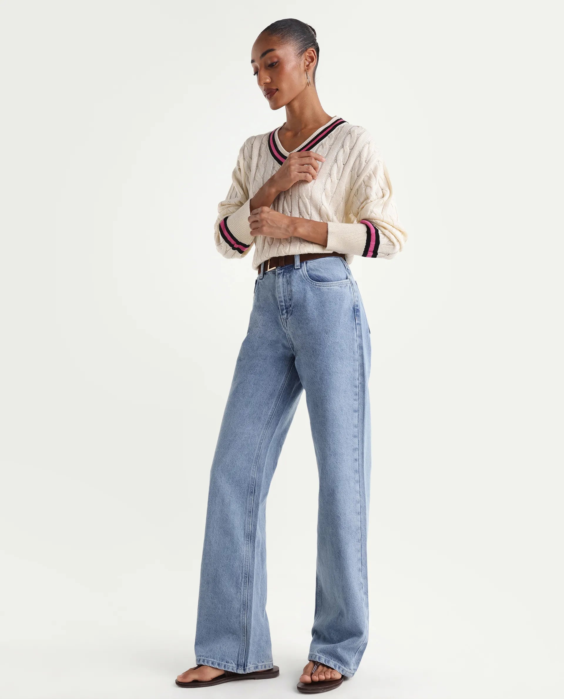 Rareism Women's Stasia Light Blue Cotton Blend Straight Fit Plain Jeans