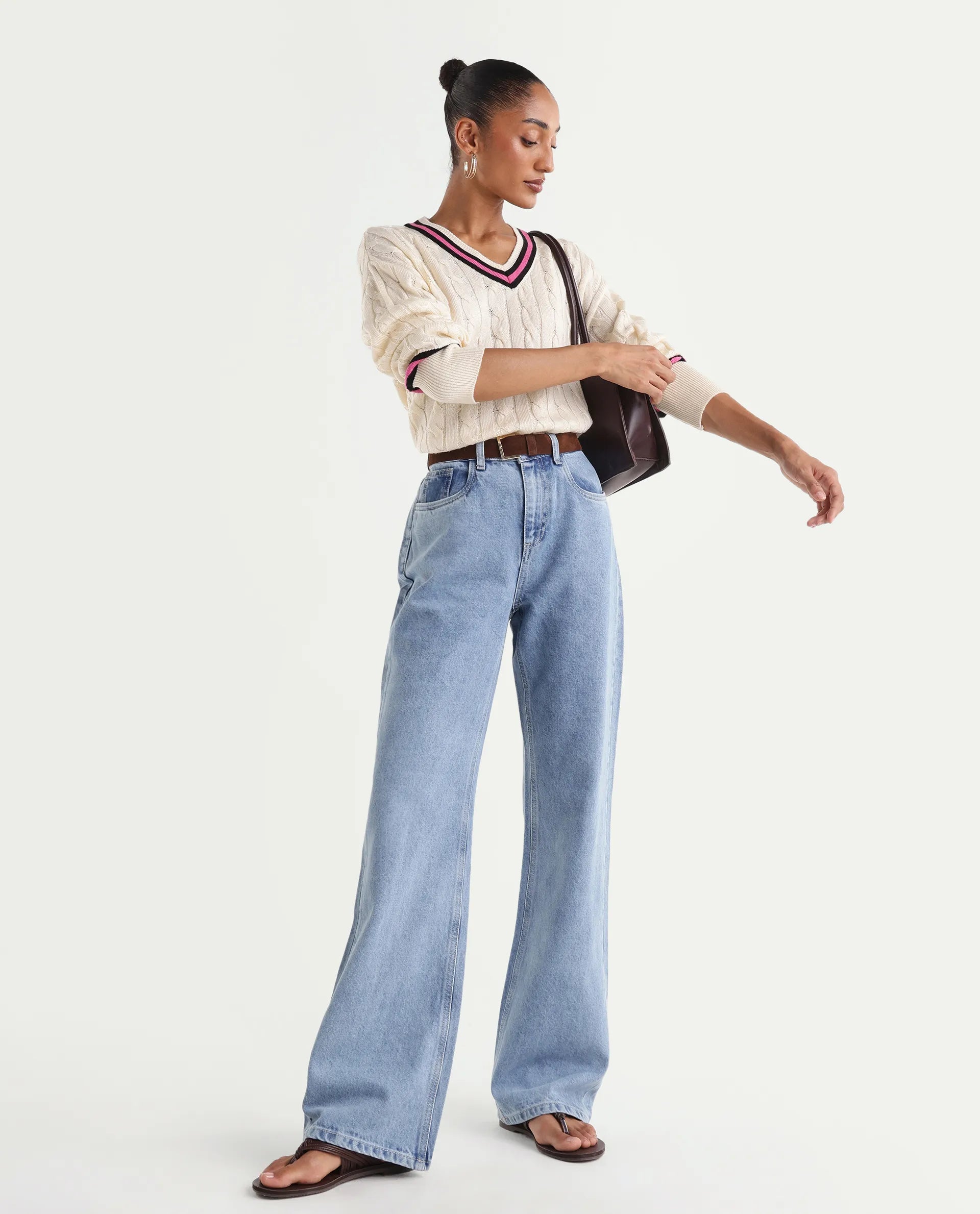 Rareism Women's Stasia Light Blue Cotton Blend Straight Fit Plain Jeans