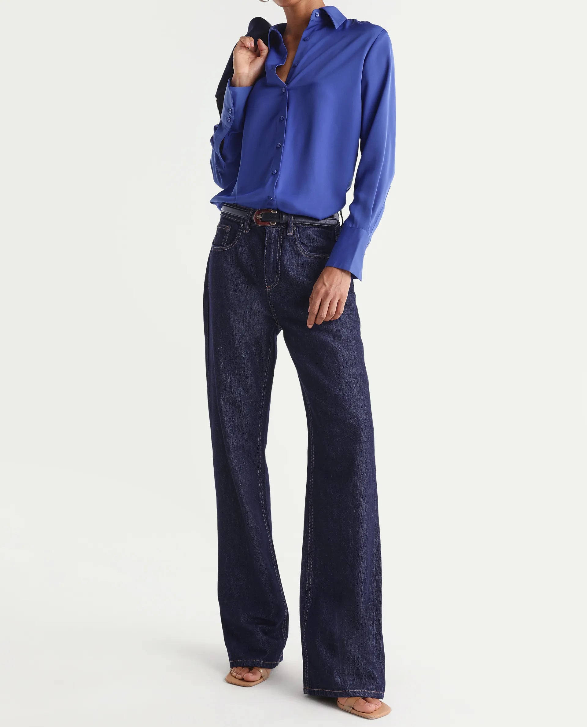 Rareism Women's Starlin Dark Navy Cotton Blend Straight Fit Plain Jeans