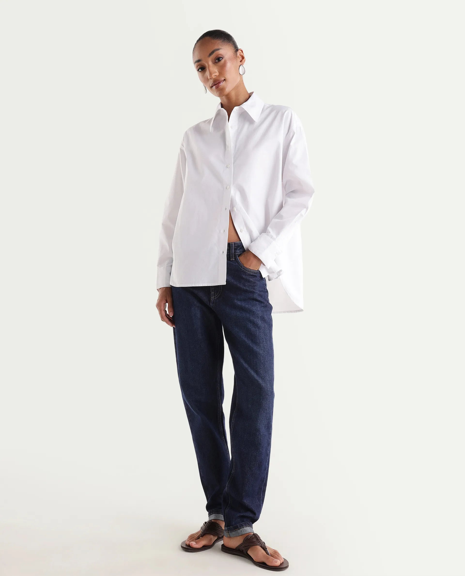 Rareism Women's Momind Dark Navy Cotton Blend Mom Fit Plain Jeans