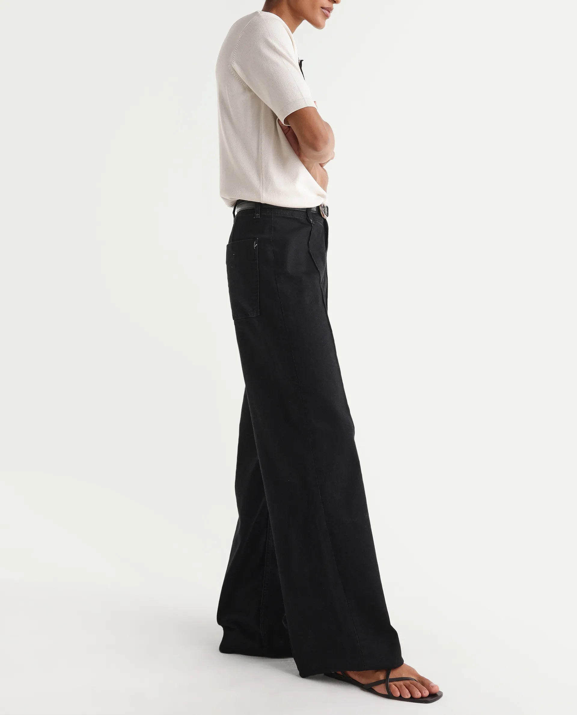 Rareism Women's Exia Black Cotton Blend Wide Leg Plain Jeans