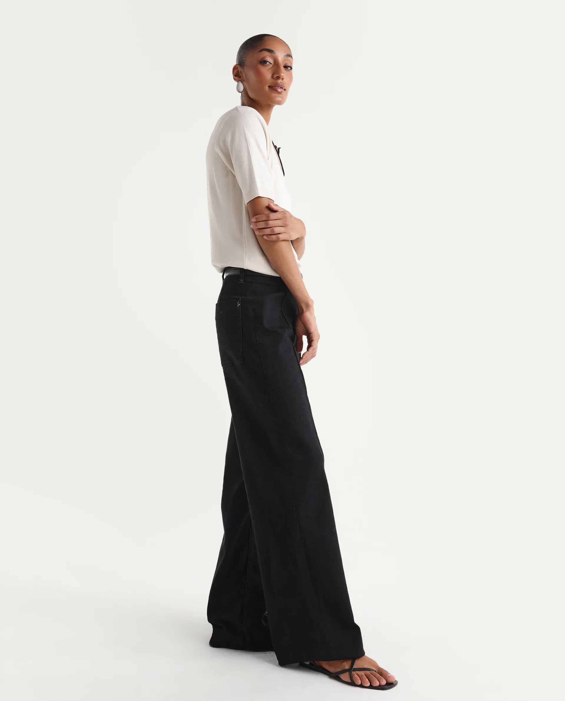 Rareism Women's Exia Black Cotton Blend Wide Leg Plain Jeans