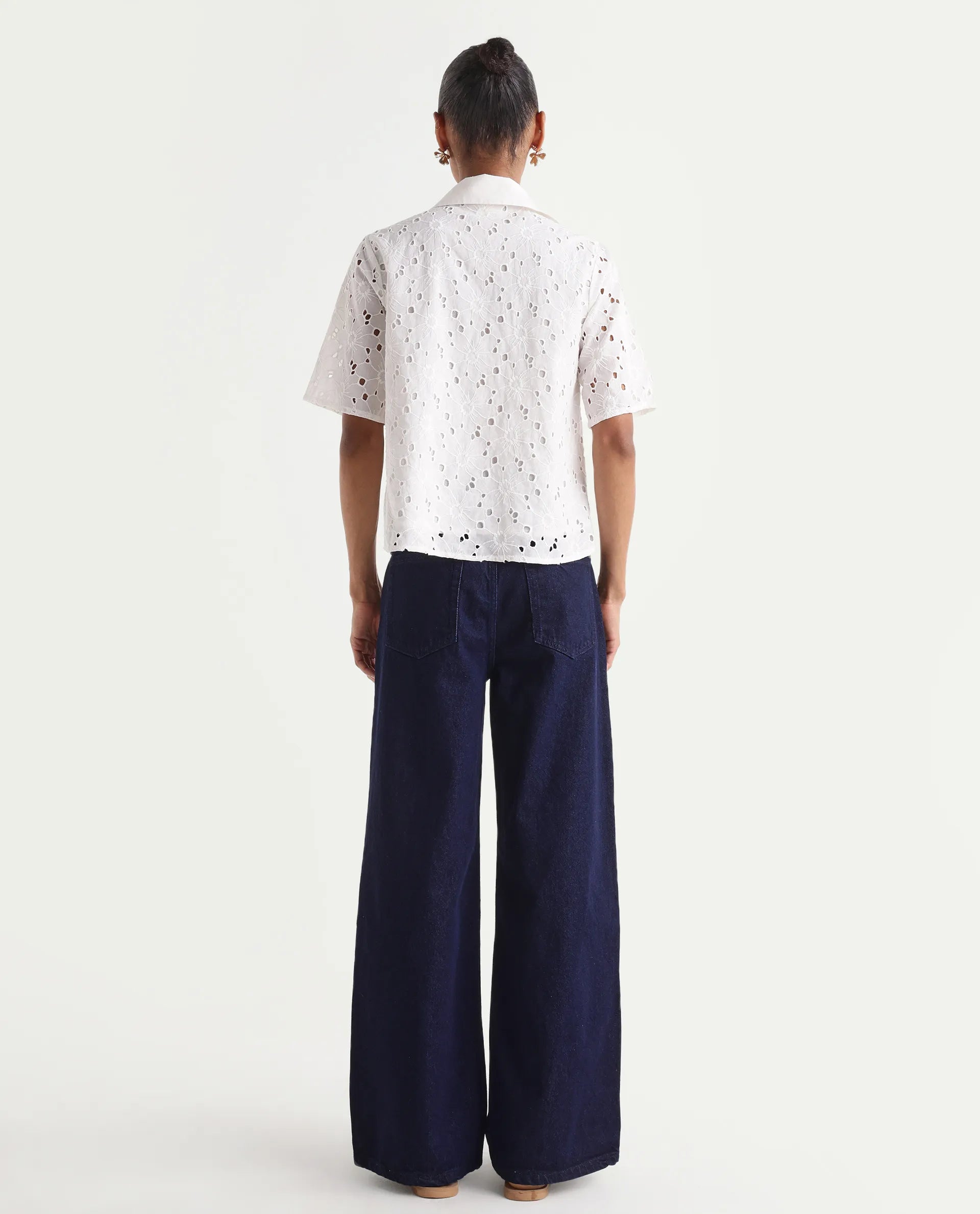 Rareism Women's Ribar Navy Cotton Wide Leg Plain Jeans