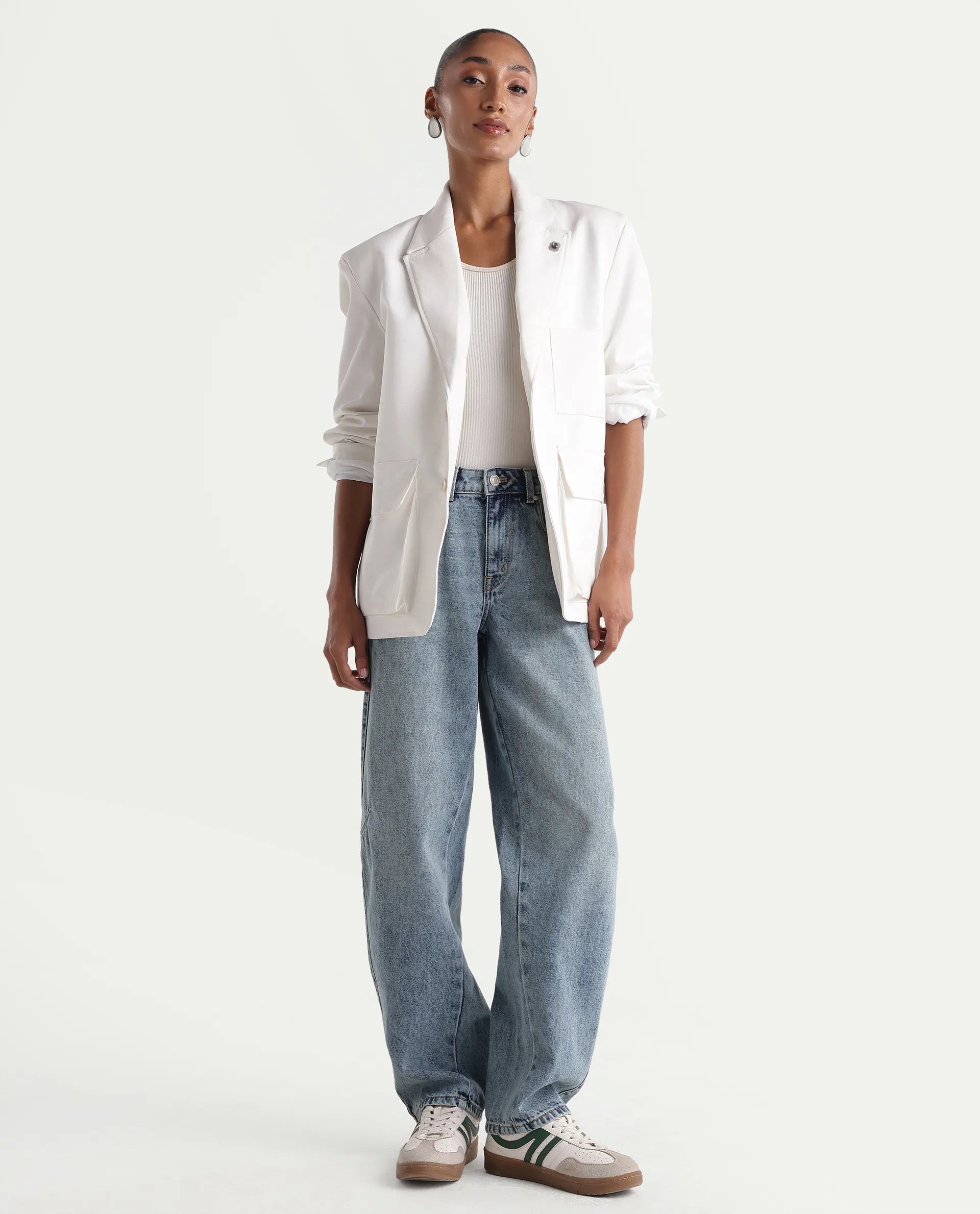 Rareism Women's Talbeia Light Blue Cotton Tall Barrel Fit Plain Jeans