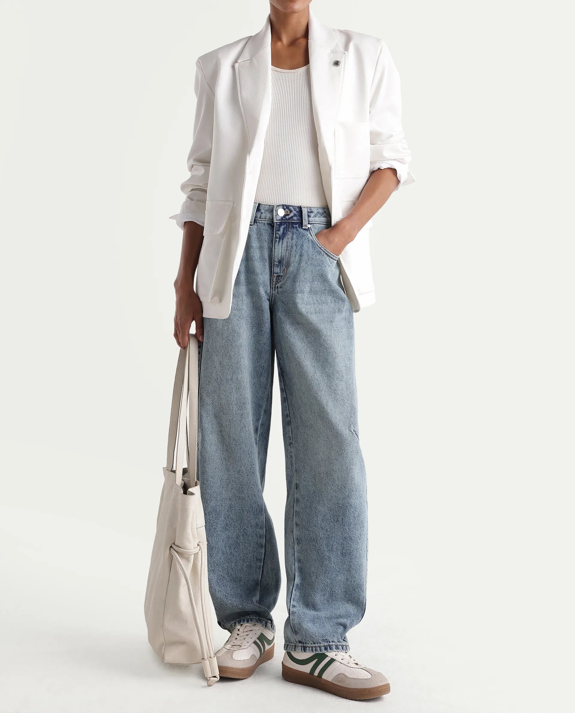 Rareism Women's Talbeia Light Blue Cotton Tall Barrel Fit Plain Jeans