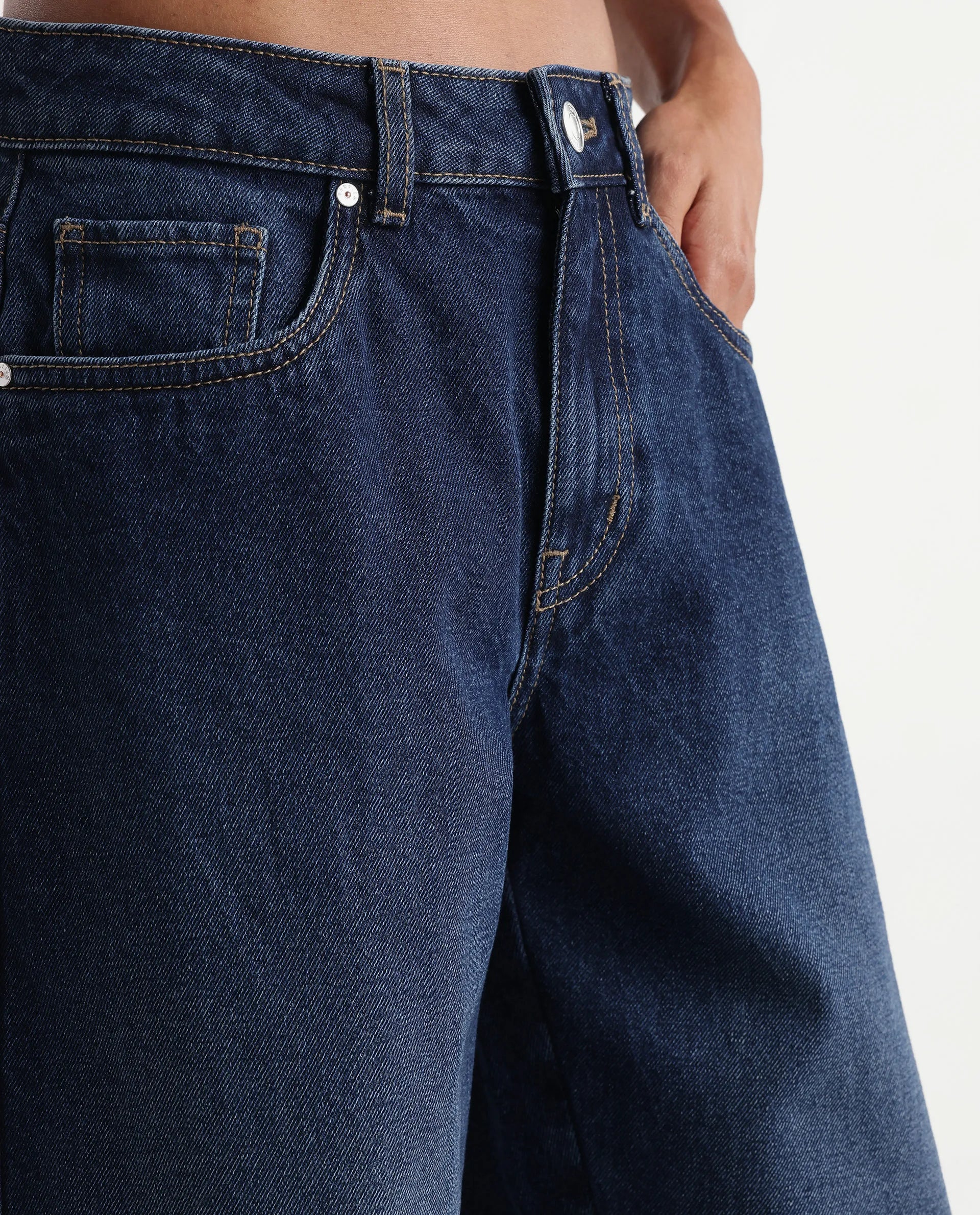 Rareism Women's Talbin Dark Blue Cotton Tall Barrel Fit Plain Jeans