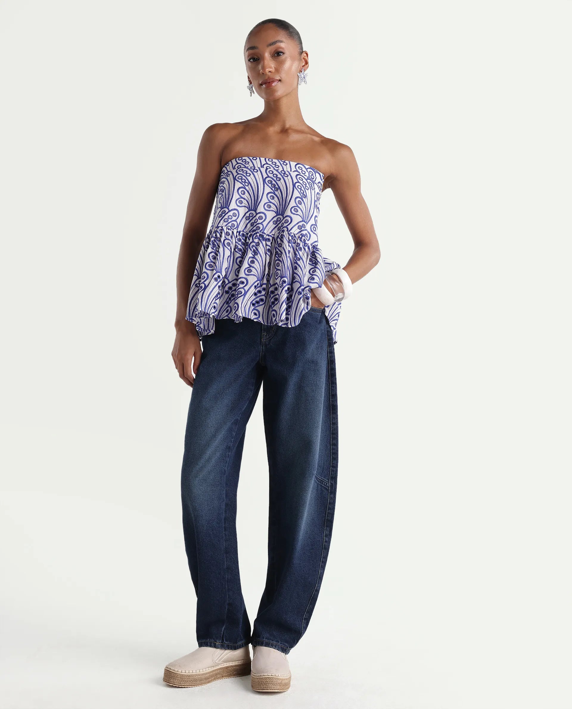 Rareism Women's Talbin Dark Blue Cotton Tall Barrel Fit Plain Jeans