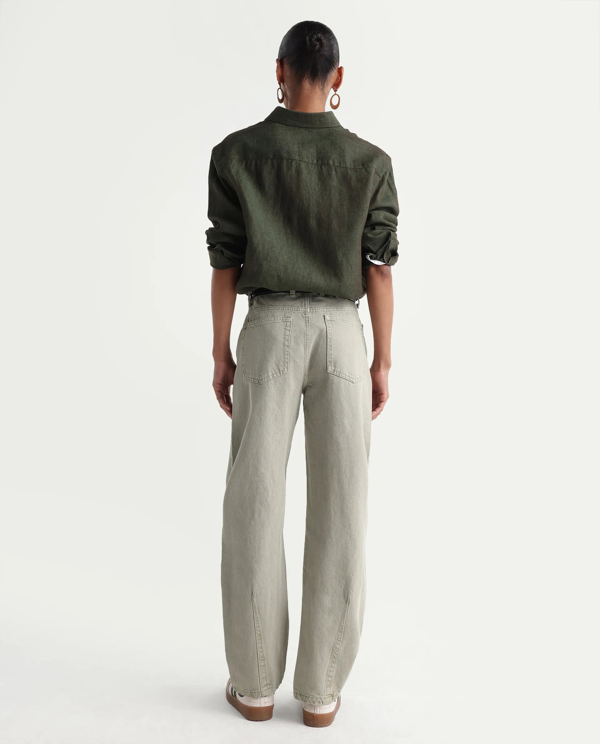 Rareism Women's Talbo Olive Cotton Plain Tall Barrel Fit Jeans