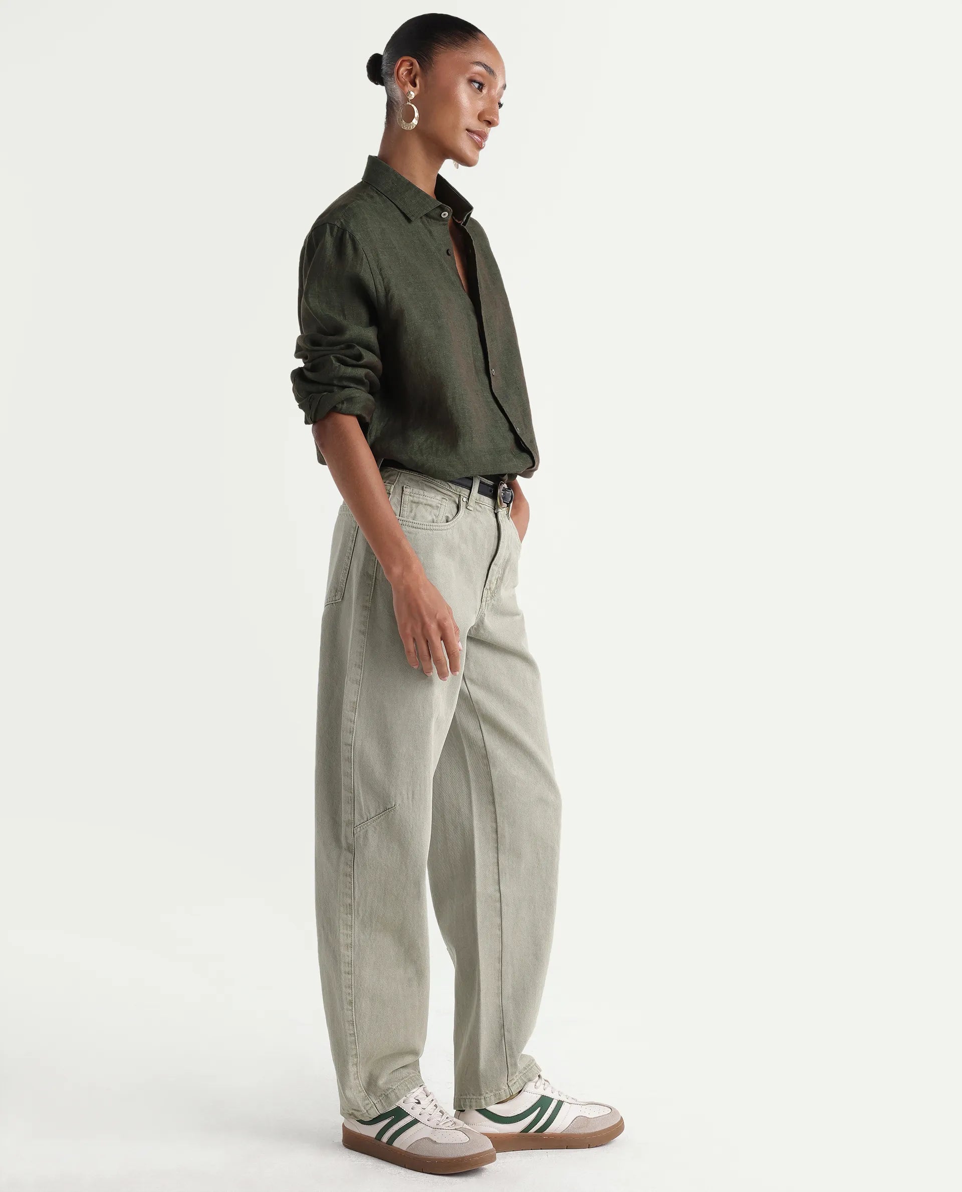 Rareism Women's Talbo Olive Cotton Plain Tall Barrel Fit Jeans