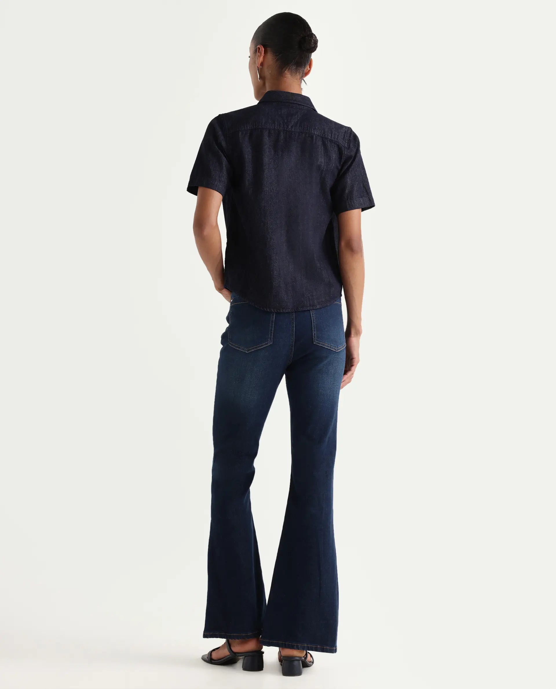 Rareism Women's Benod Dark Blue Cotton Blend Bootcut Plain Jeans