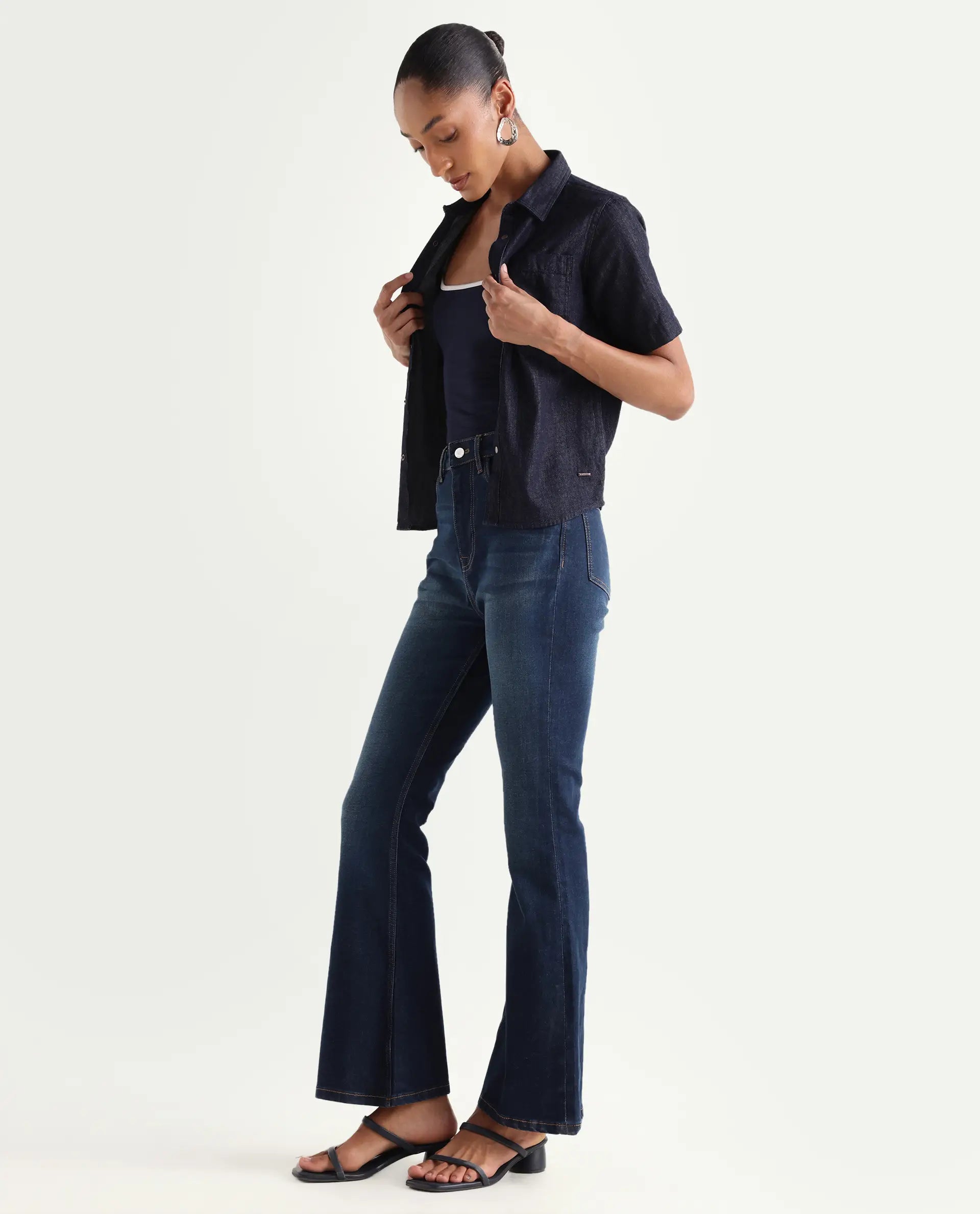 Rareism Women's Benod Dark Blue Cotton Blend Bootcut Plain Jeans