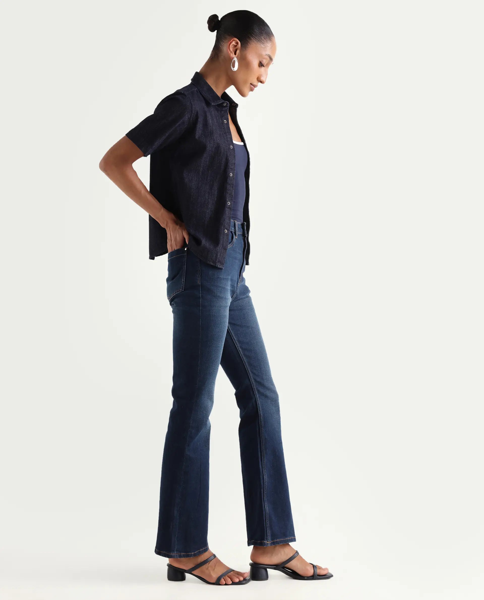 Rareism Women's Benod Dark Blue Cotton Blend Bootcut Plain Jeans