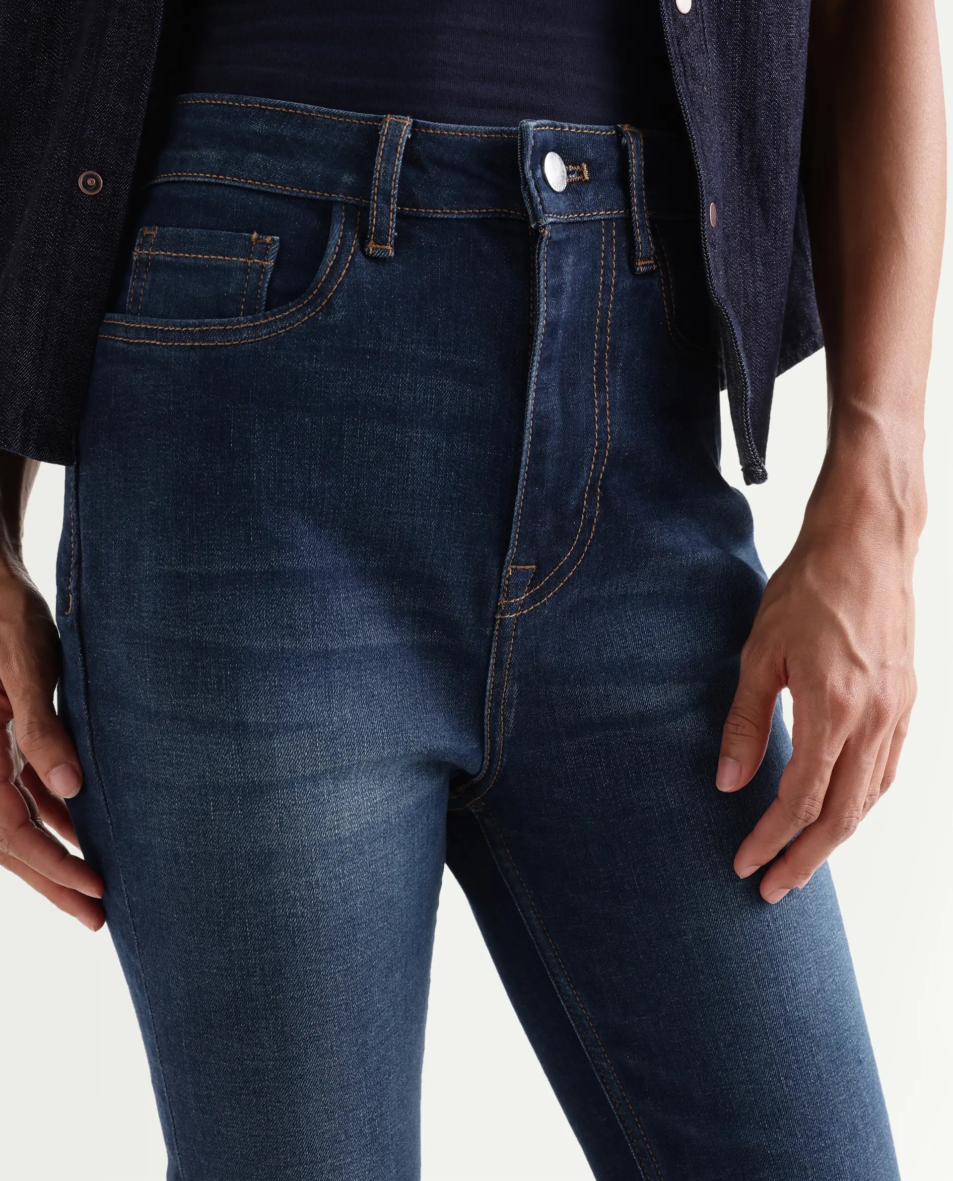 Rareism Women's Benod Dark Blue Cotton Blend Bootcut Plain Jeans