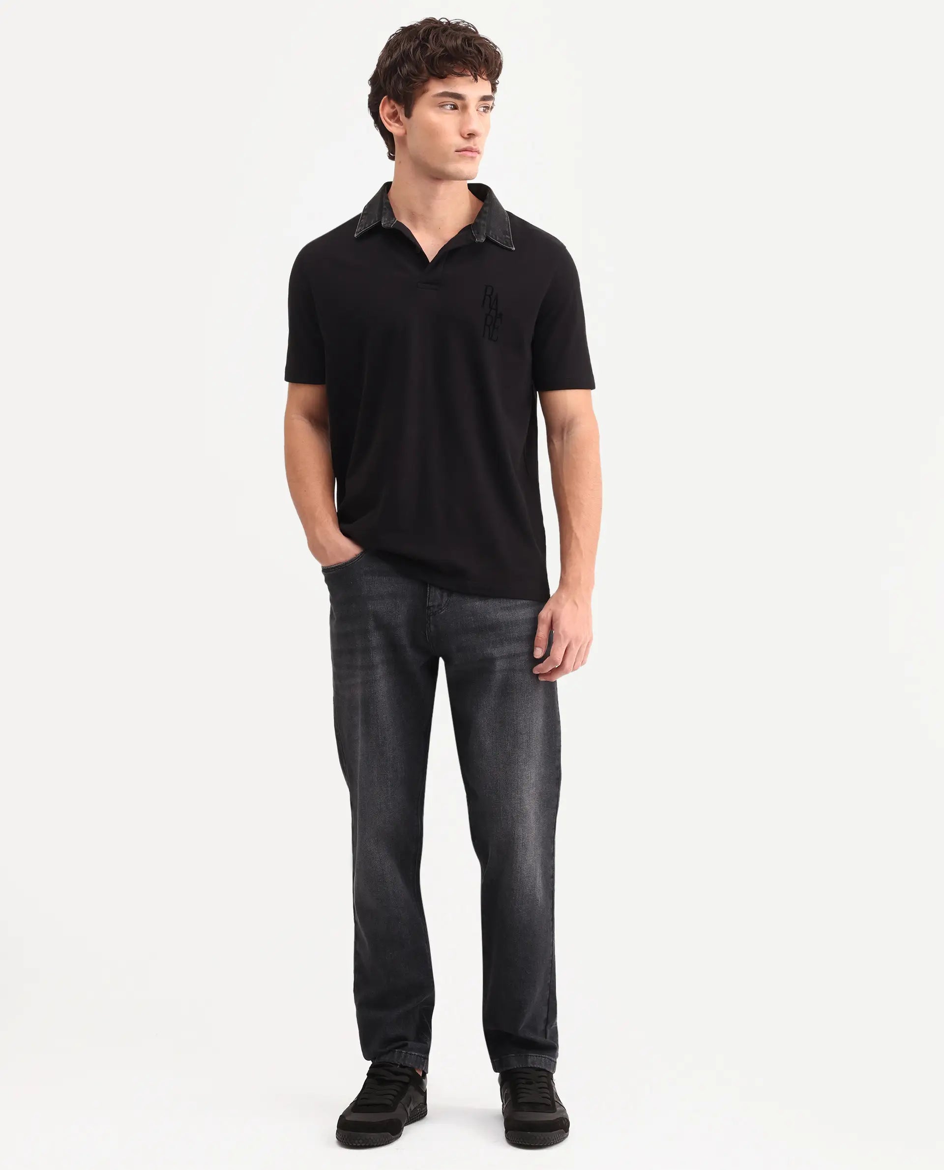 Rare Rabbit Men's Tova Dark Grey Cotton Fabric Shank And Zipper Kurt Carrot Fit Plain Jeans