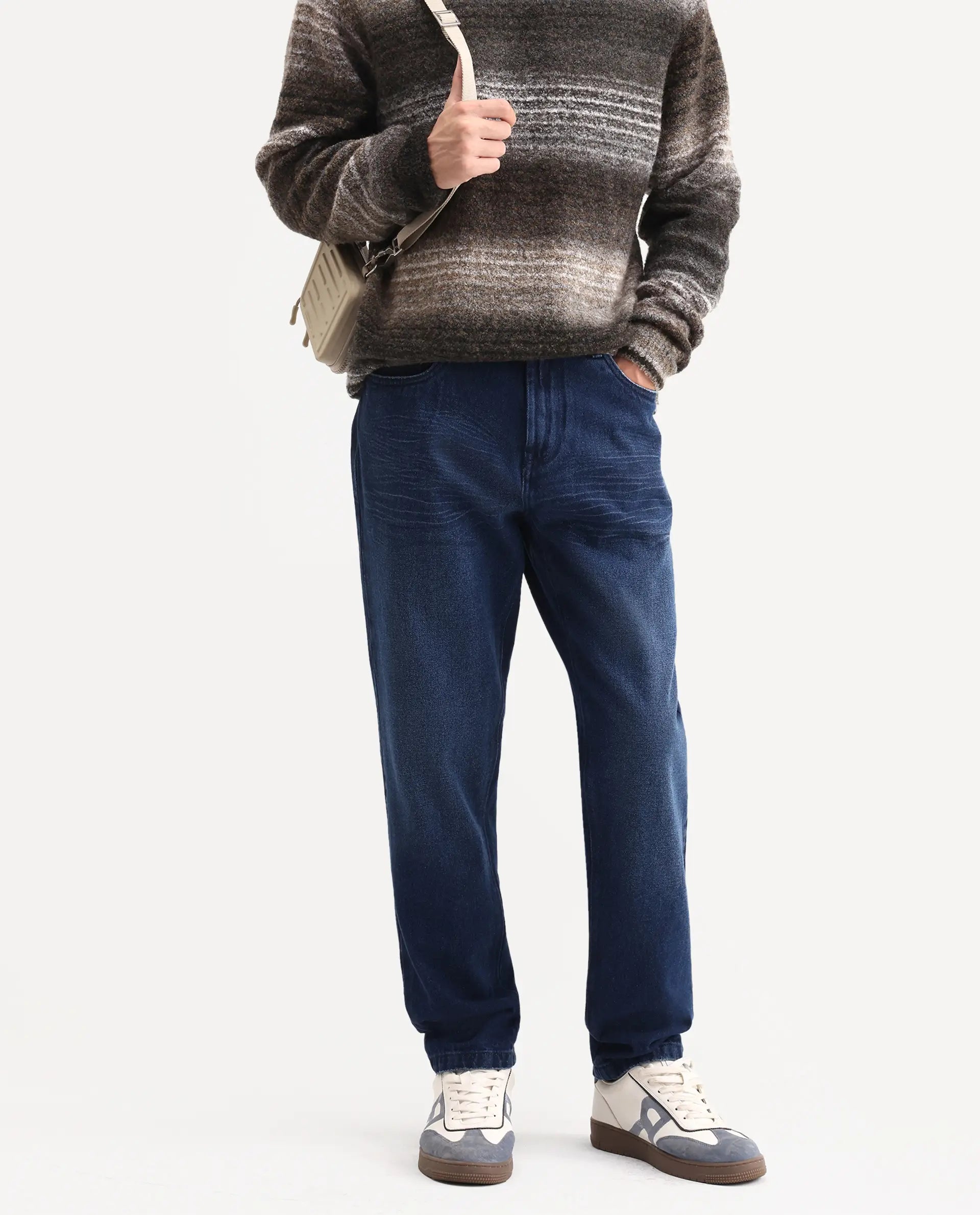 Rare Rabbit Men's Laxx Dark Blue Cotton Blend Fabric Shank And Zipper Kurt Carrot Plain Jeans