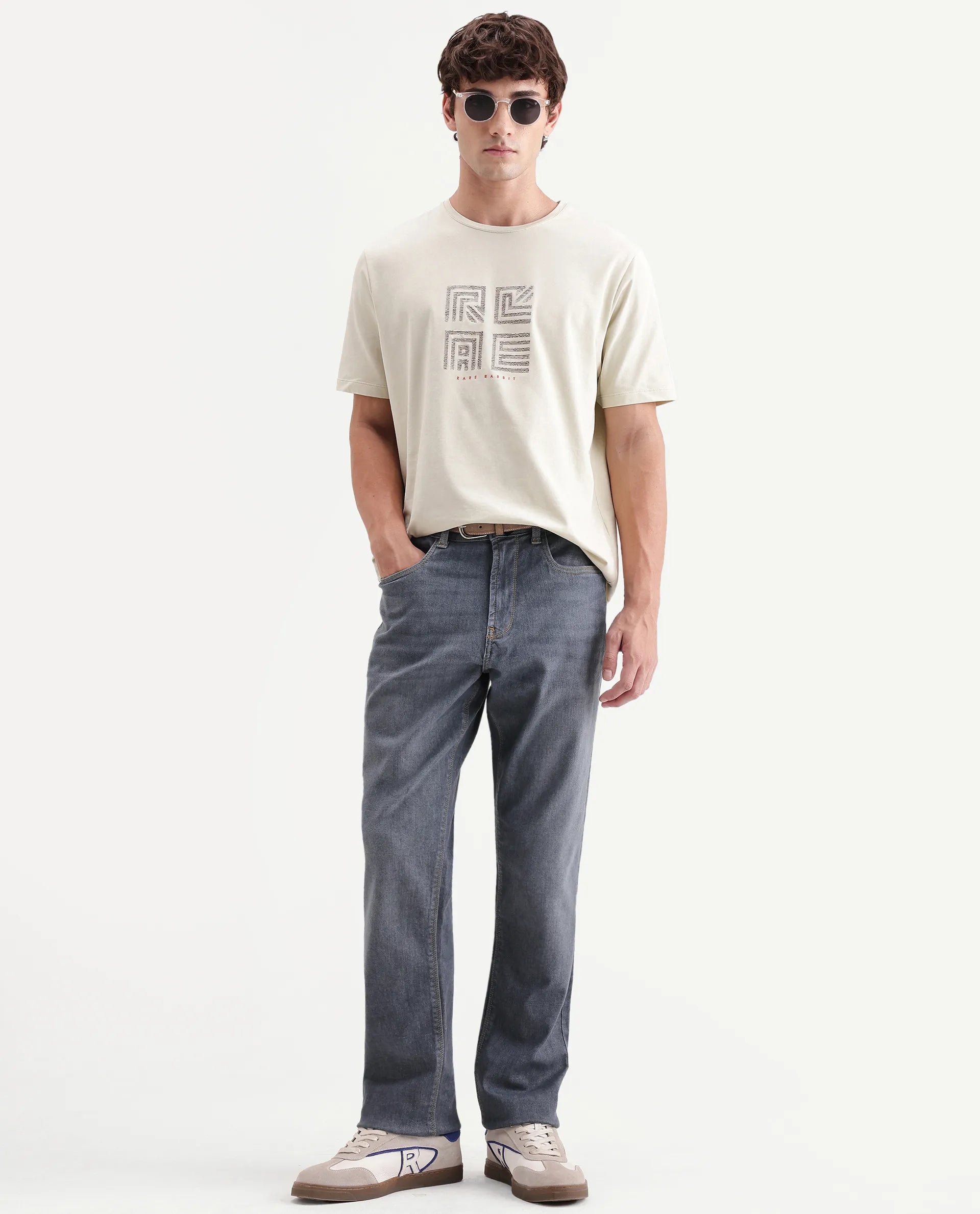 Rare Rabbit Men's Jove Dark Grey Cotton Blend Kurt Carrot Regular Jeans