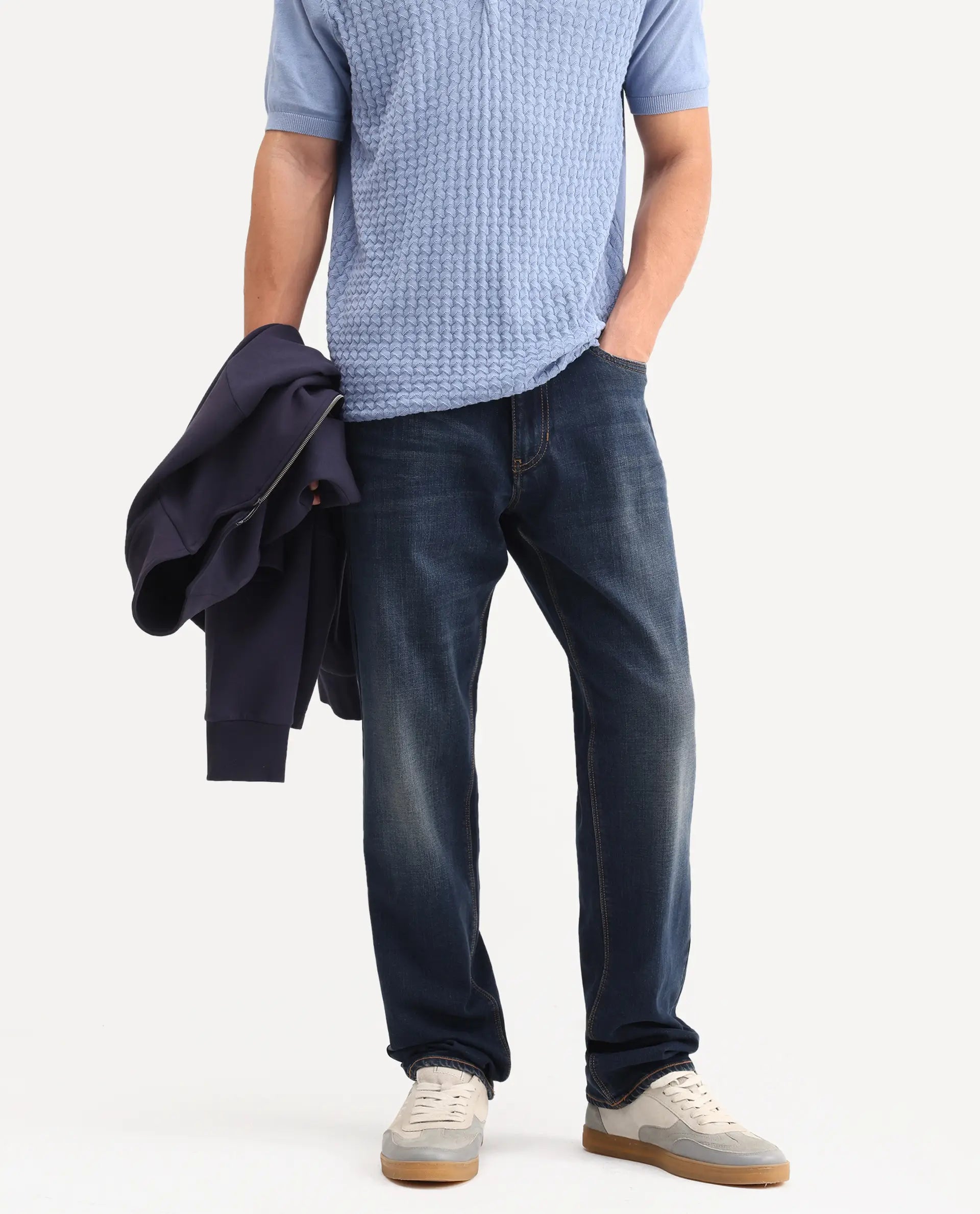 Rare Rabbit Men's Naze Dark Navy Cotton Blend Fabric Shank And Zipper Morris Regular Plain Jeans