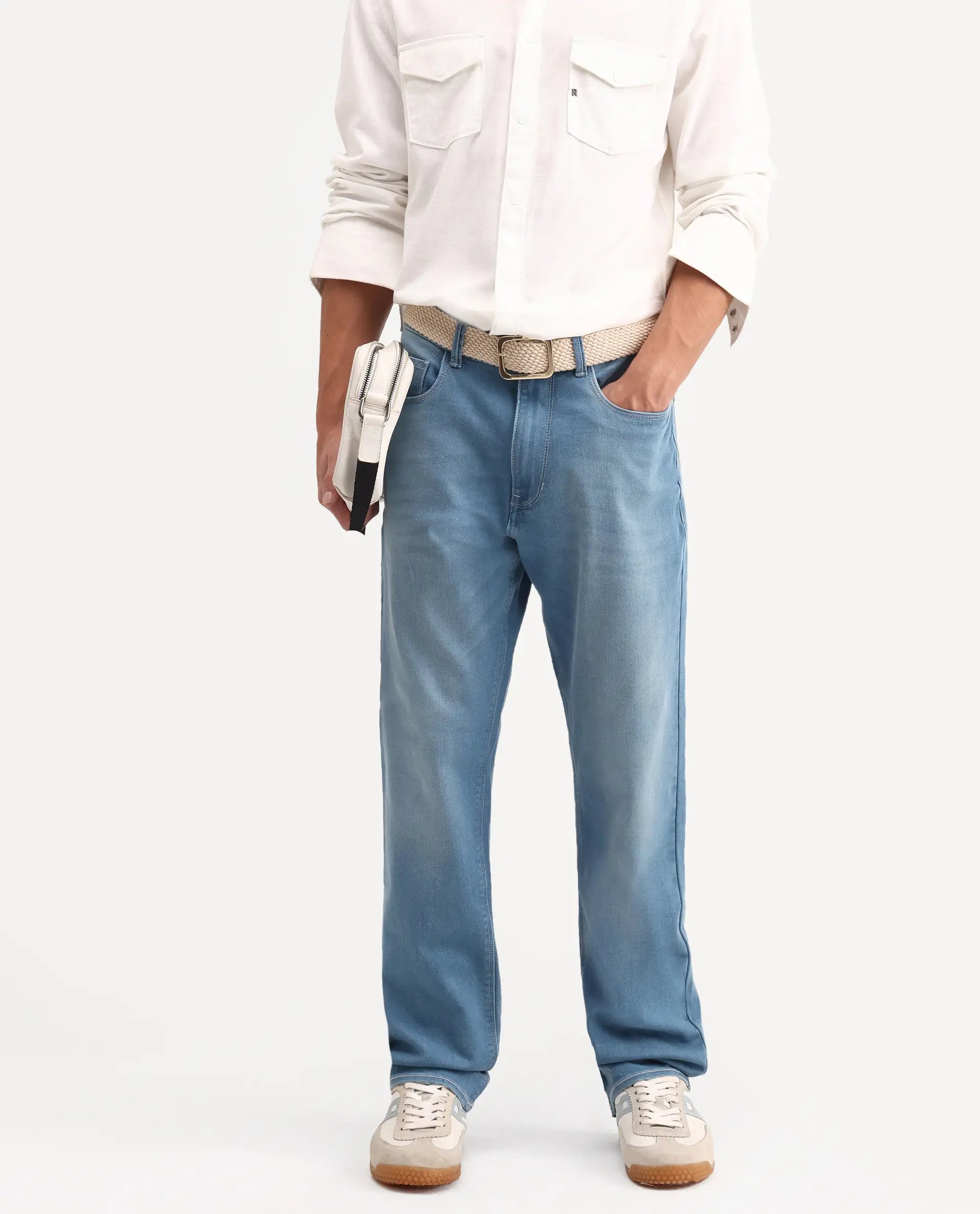 Rare Rabbit Men's Nazek Light Blue Cotton Blend Fabric Shank And Zipper Morris Regular Fit Plain Jeans