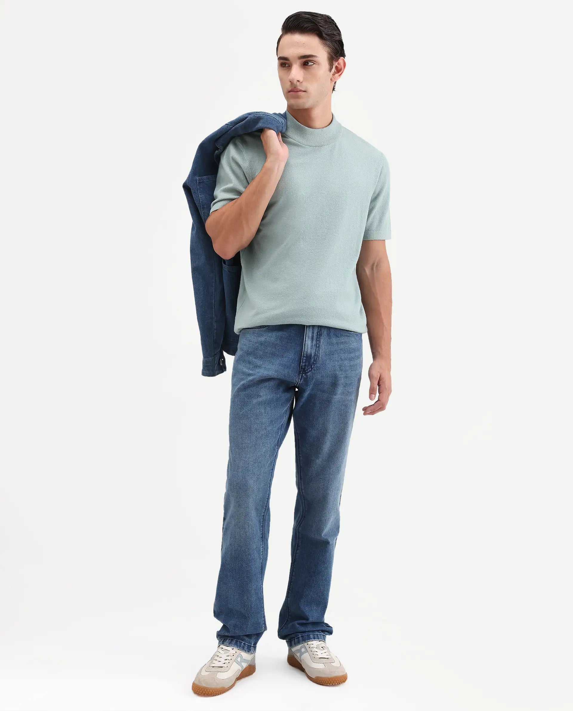 Rare Rabbit Men's Kien Blue Cotton Blend Fabric Shank And Zipper Morris Regular Plain Jeans