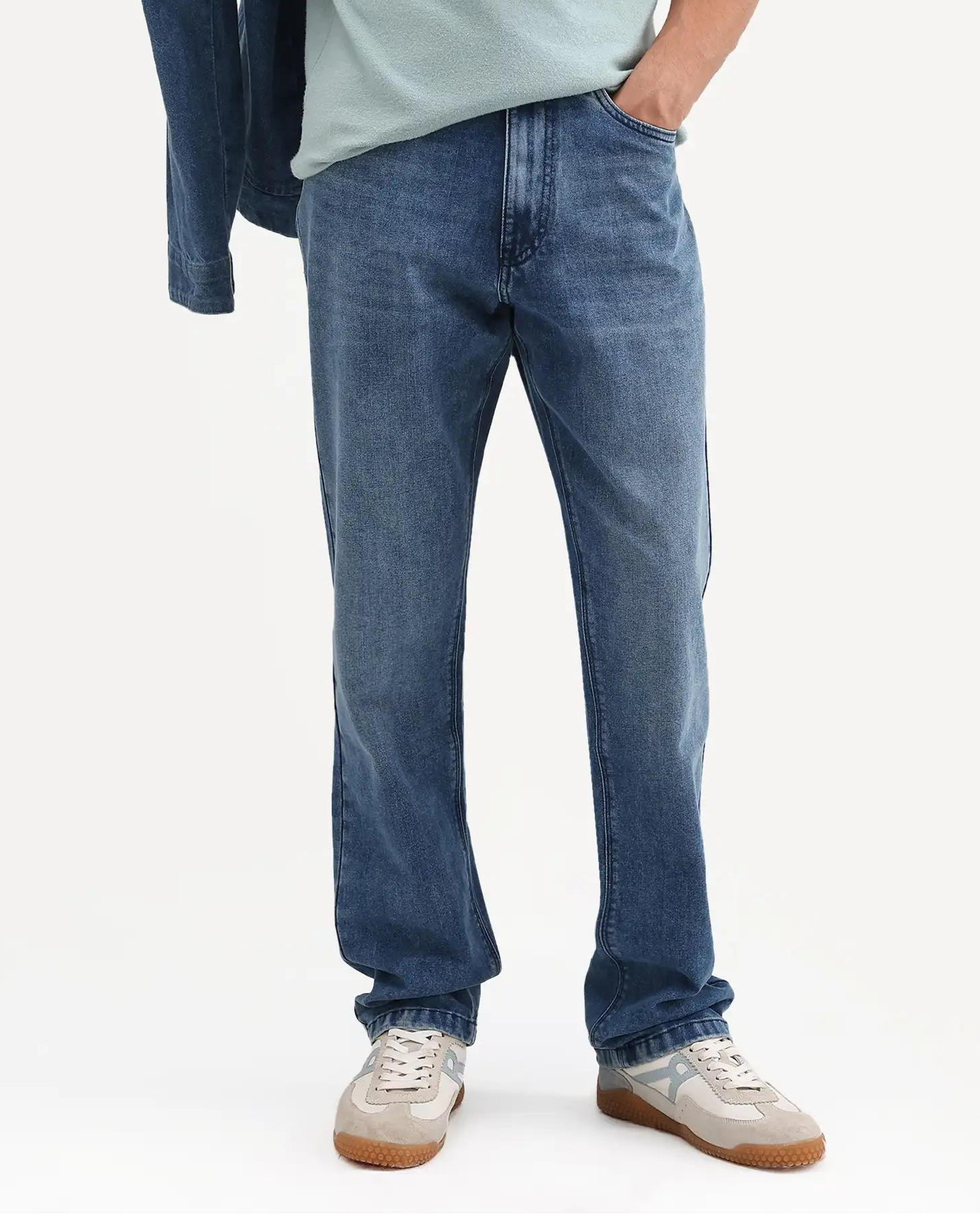 Rare Rabbit Men's Kien Blue Cotton Blend Fabric Shank And Zipper Morris Regular Plain Jeans