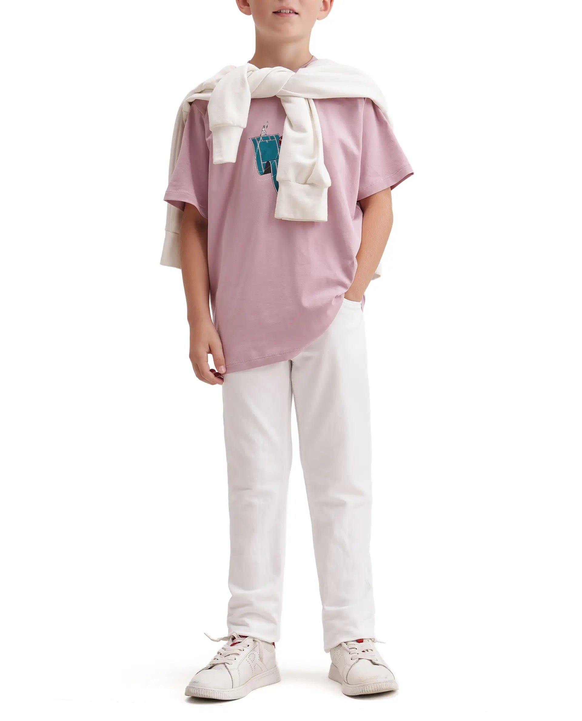 Rare Ones Kids Kito White Cotton Blend Fabric Button And Zip Closure Slim Fit Plain Jeans