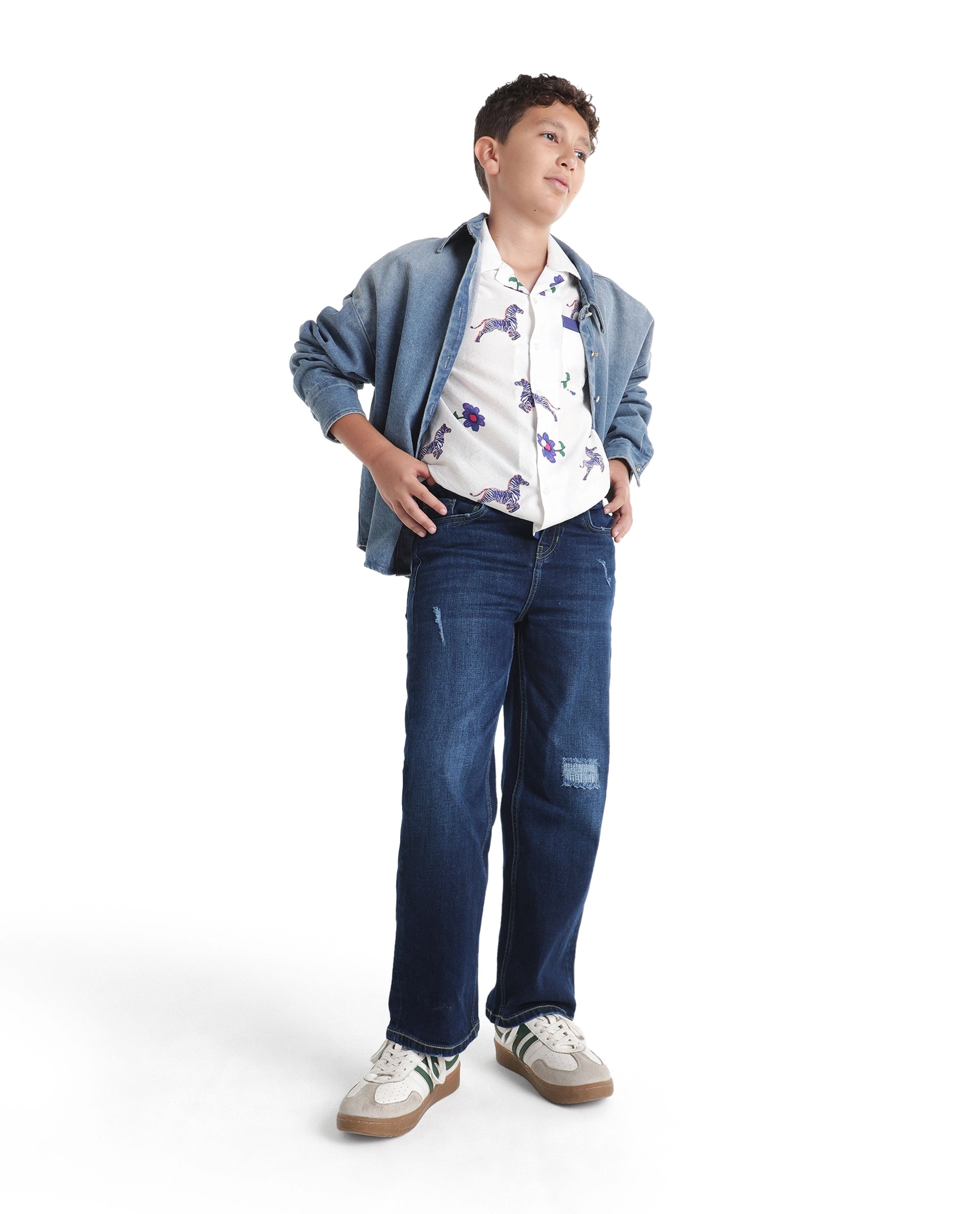 Rare Ones Kids Glox Dark Blue Cotton Blend Fabric Button And Zip Closure Relaxed Fit Plain Jeans