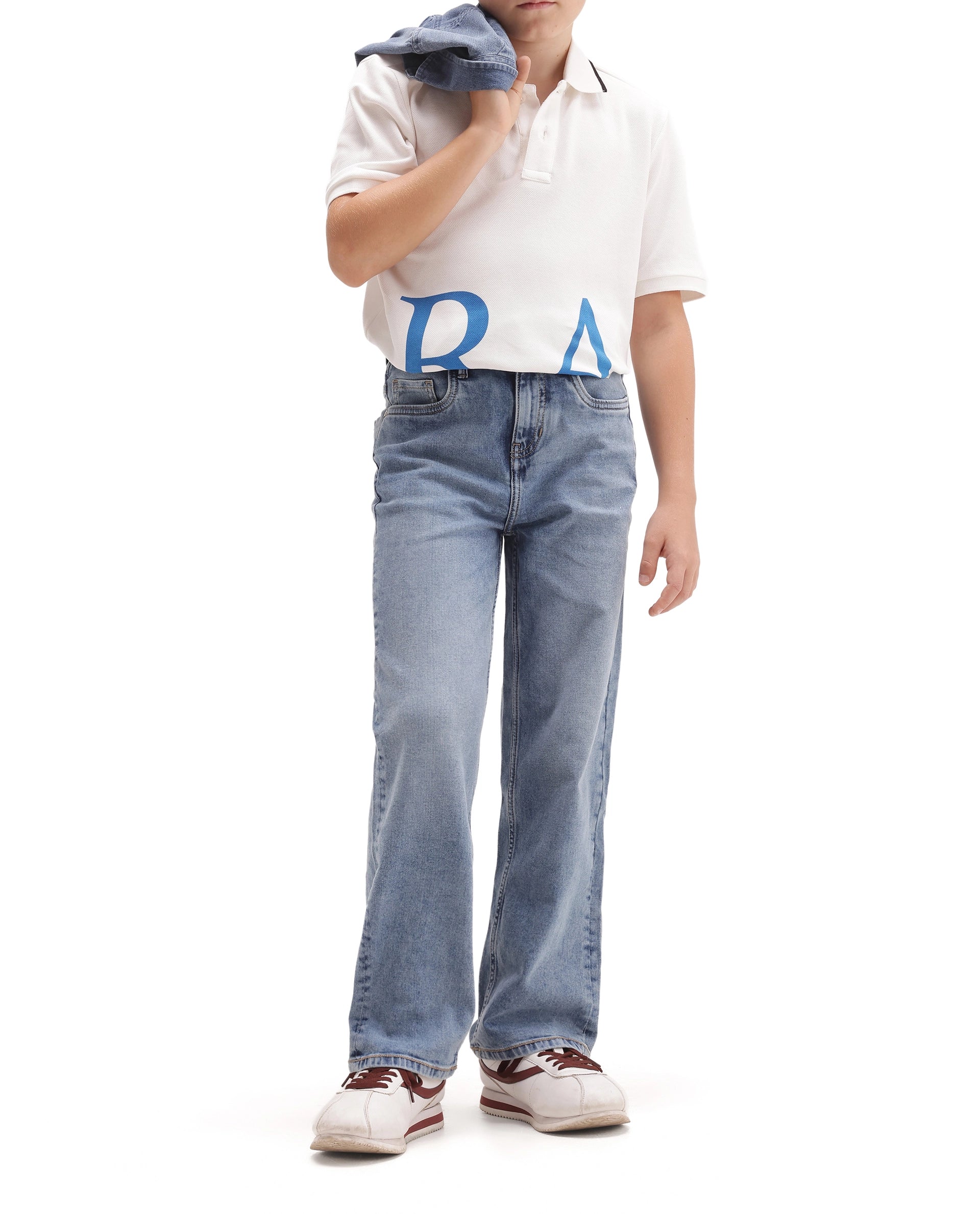 Rare Ones Kids Yogo Light Blue Cotton Blend Fabric Button And Zip Closure Relaxed Fit Plain Jeans