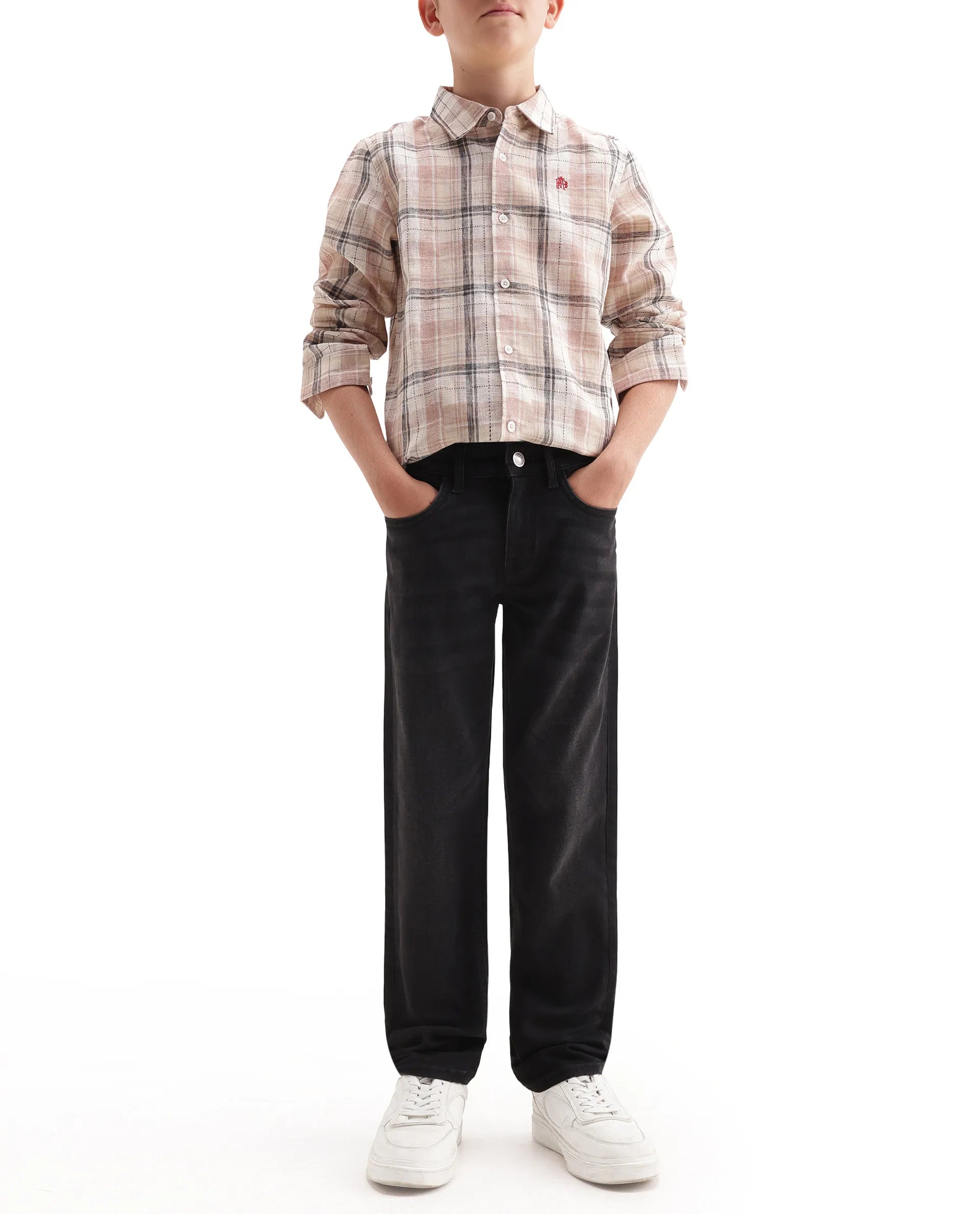 Rare Ones Kids Rexo Black Cotton Blend Fabric Button And Zipper Closure Regular Fit Jeans