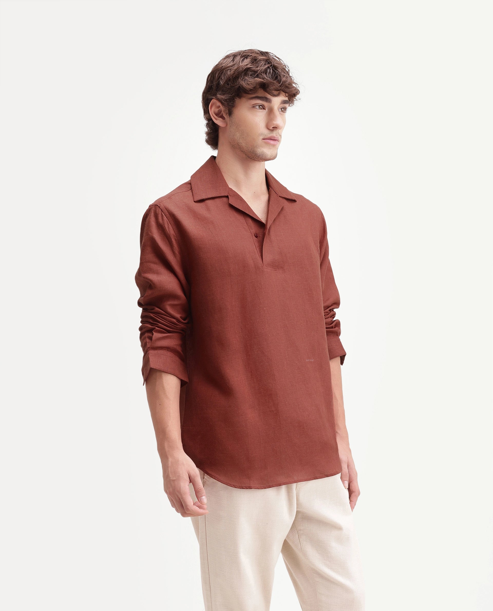 Rare Rabbit Men's Aerik Red Linen Blend Fabric Full Sleeve Cuban Collar Button Regular Plain Shirt