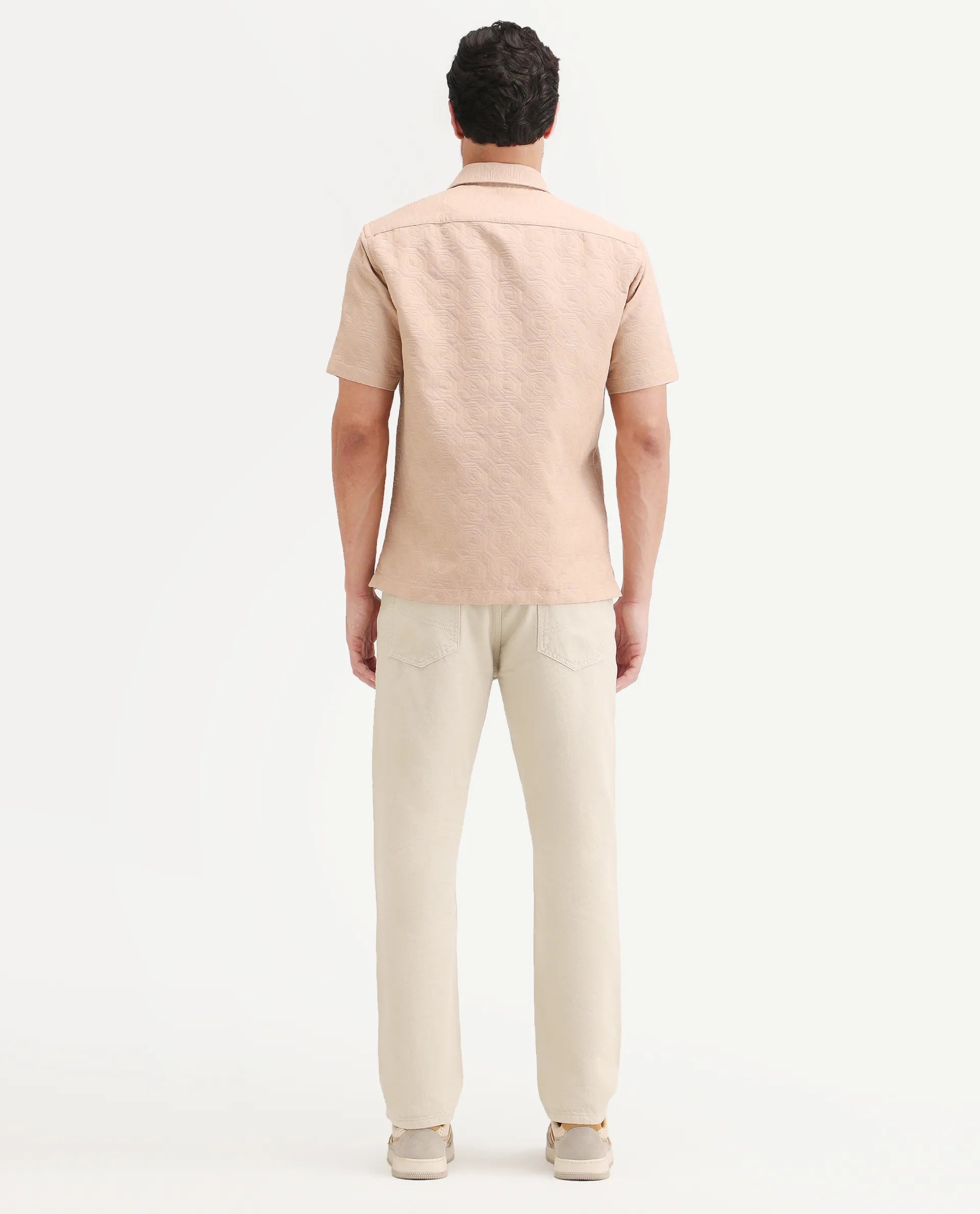 Rare Rabbit Men's Arvi B Beige Cotton Fabric Shank And Zipper Kurt Carrot Plain Jeans