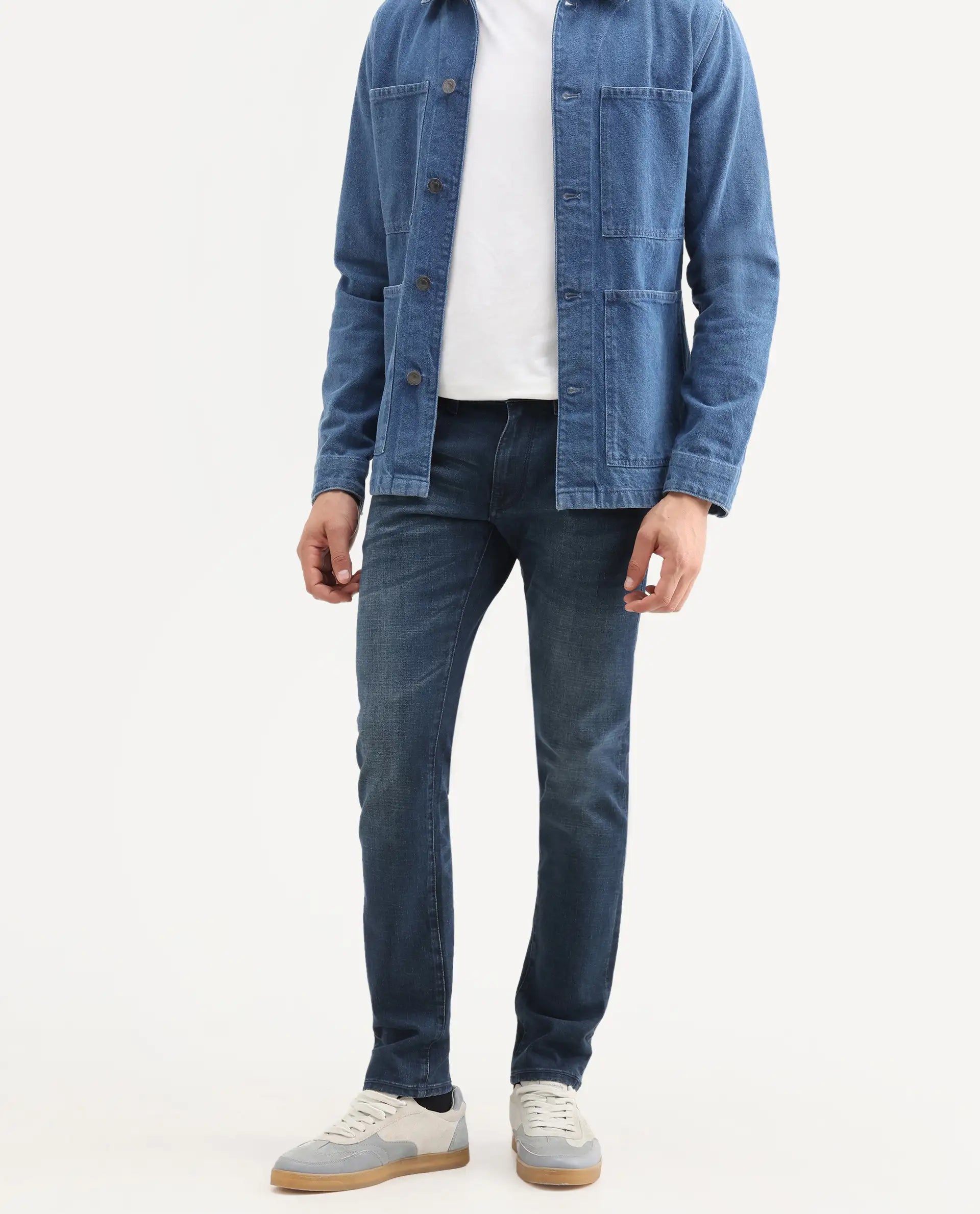 Rare Rabbit Men's Lenz D Dark Blue Cotton Blend Fabric Shank And Zipper Hawk Slim Plain Jeans
