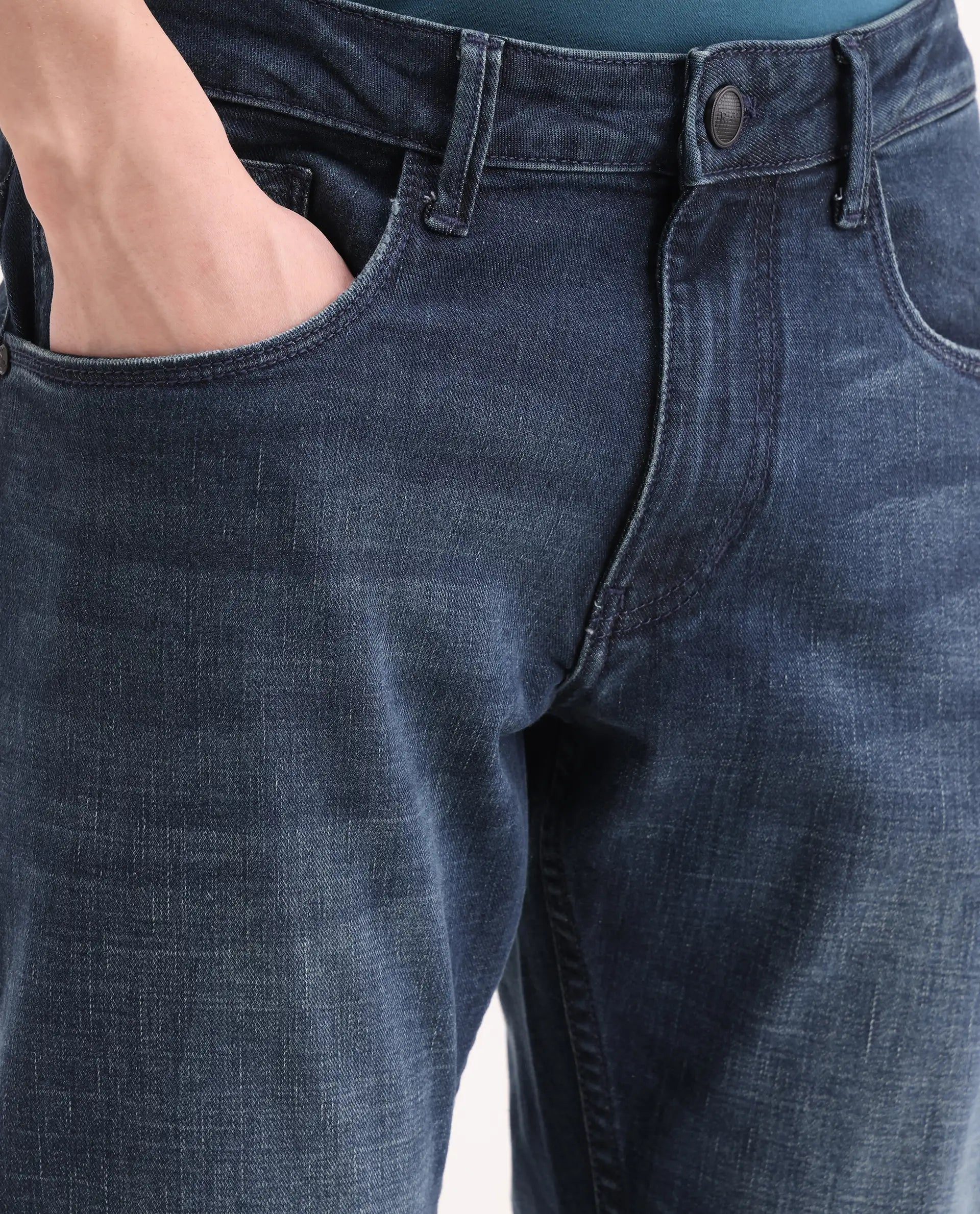 Rare Rabbit Men's Lenz L Blue Cotton Blend Fabric Shank And Zipper Hawk Slim Plain Jeans