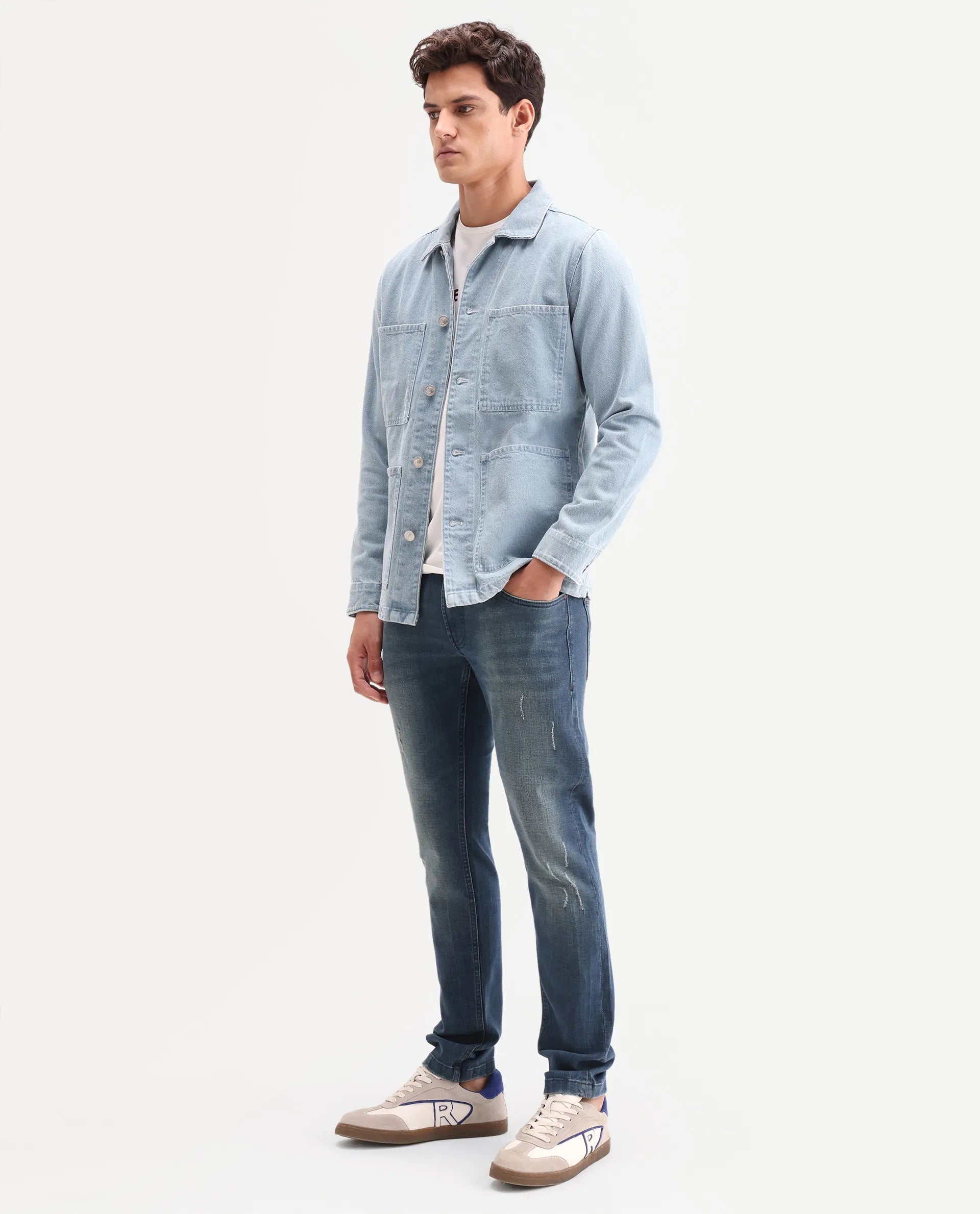 Rare Rabbit Men's Lenz S Blue Cotton Blend Fabric Shank And Zipper Hawk Slim Plain Jeans