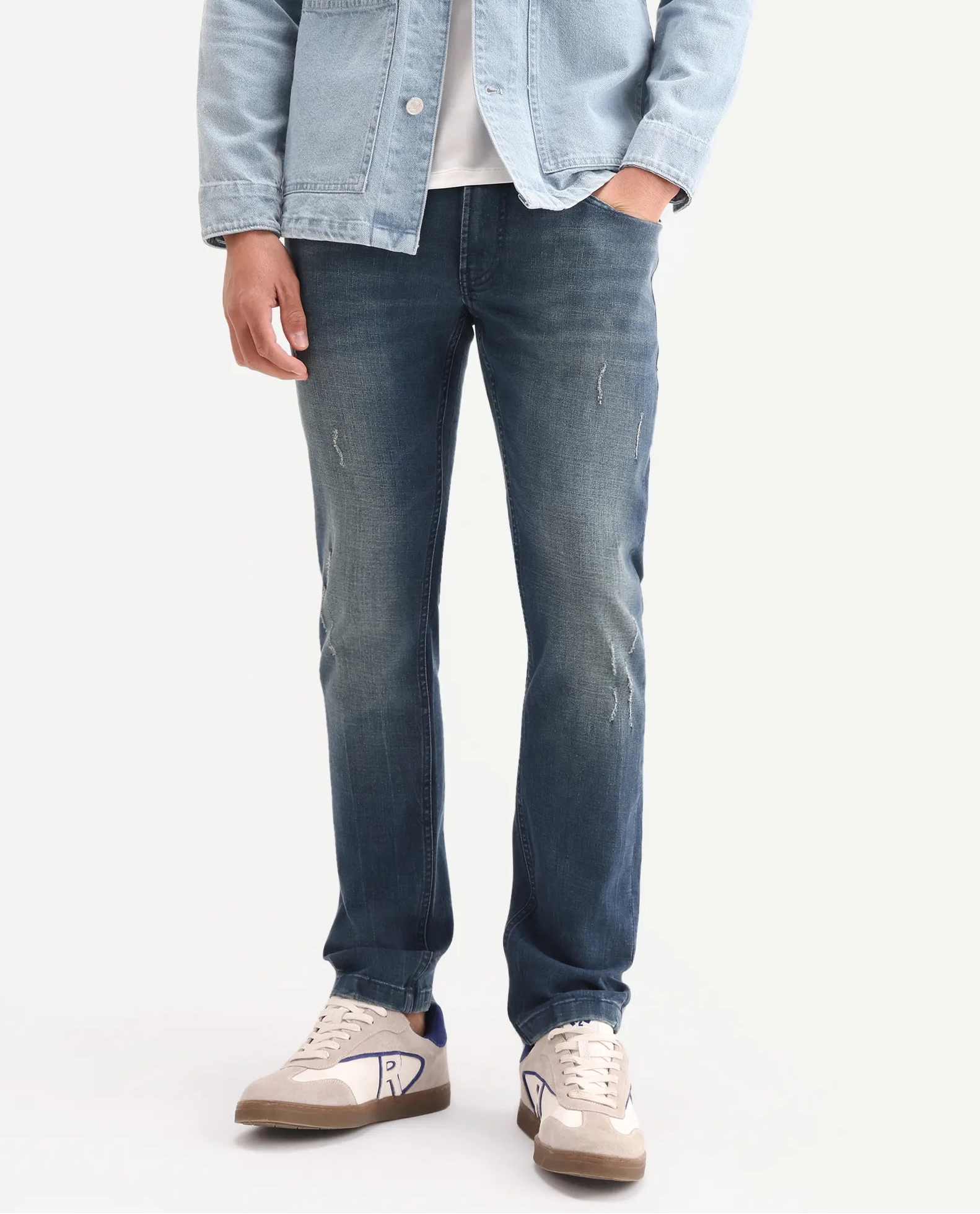 Rare Rabbit Men's Lenz S Blue Cotton Blend Fabric Shank And Zipper Hawk Slim Plain Jeans