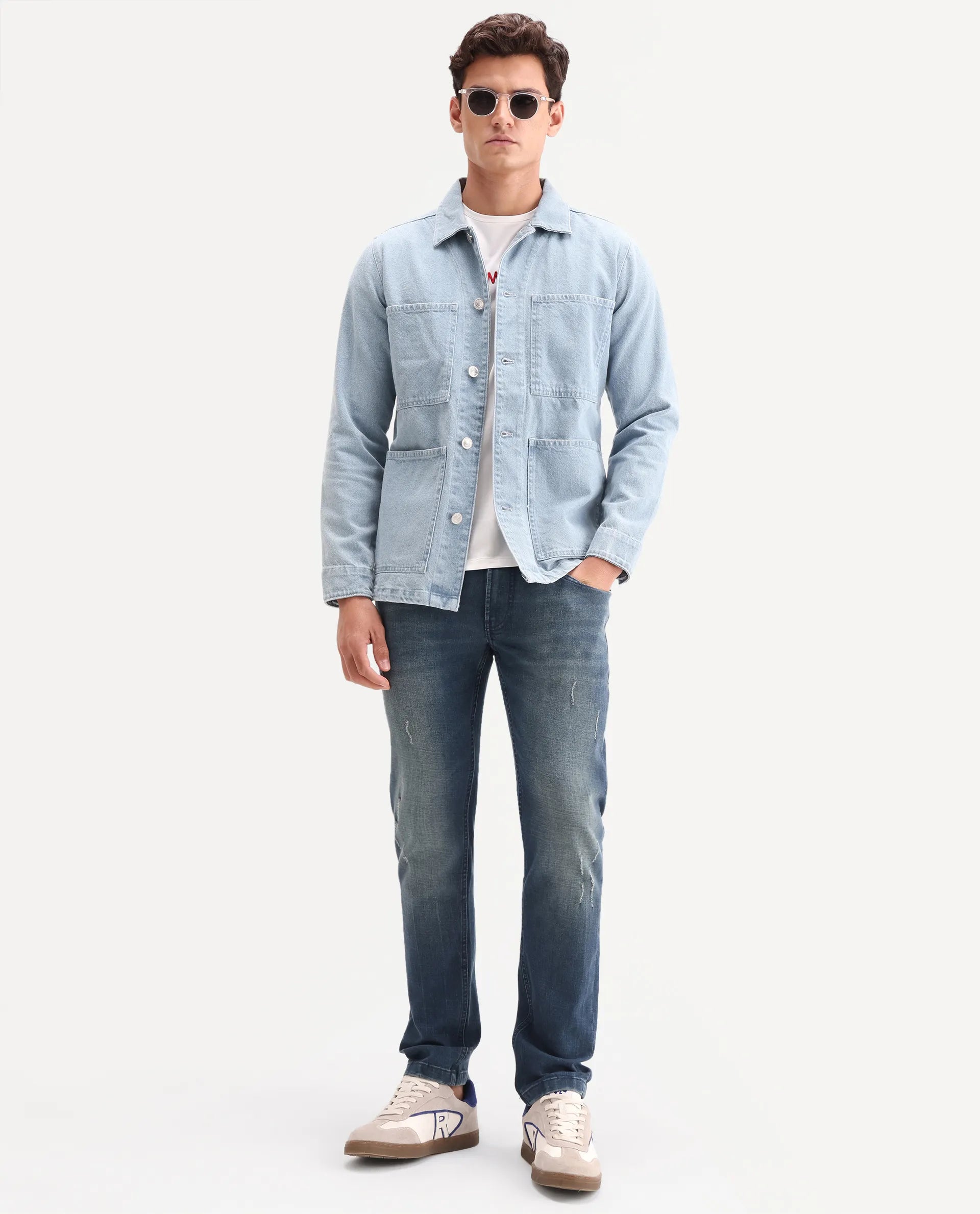 Rare Rabbit Men's Lenz S Blue Cotton Blend Fabric Shank And Zipper Hawk Slim Plain Jeans