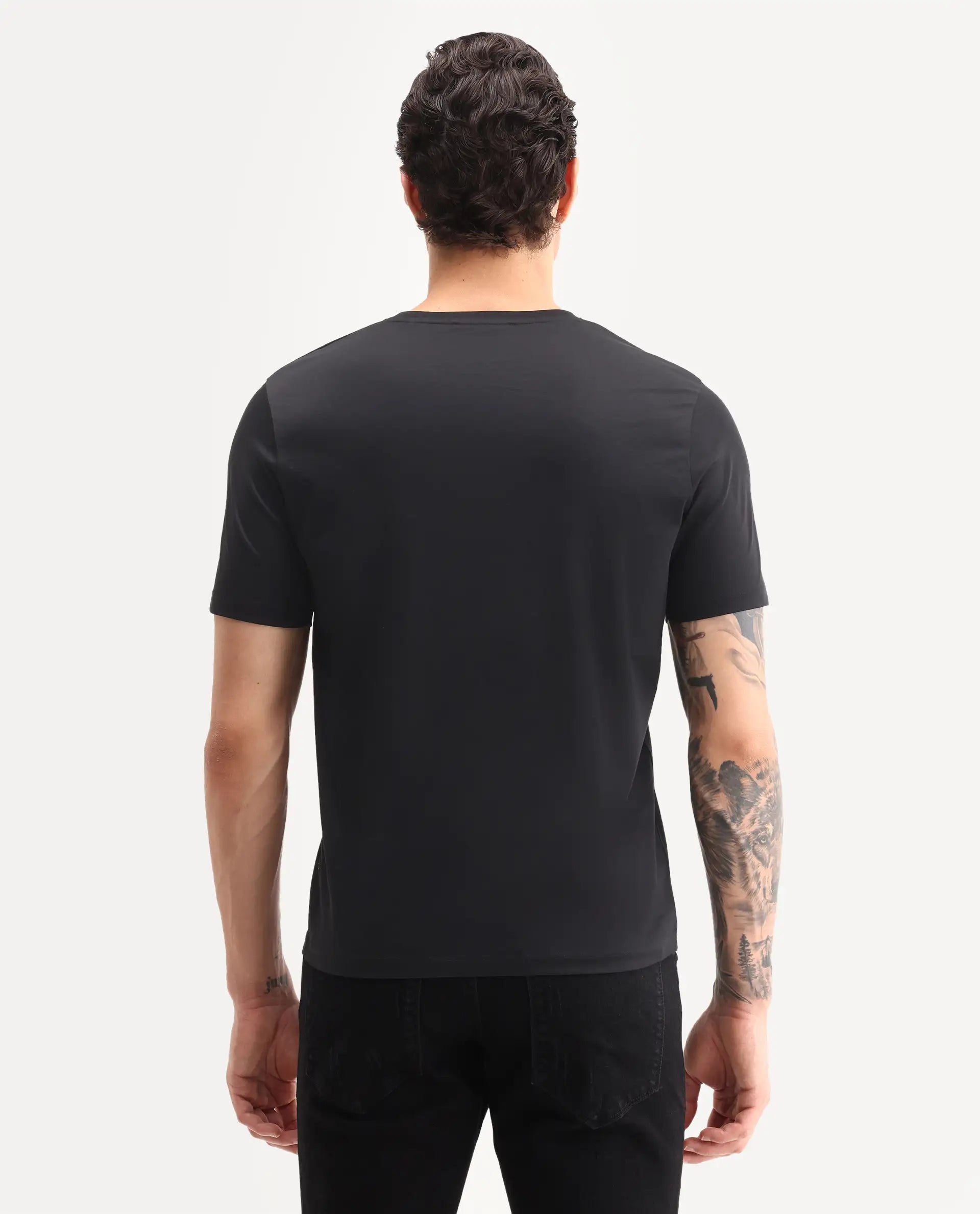 Rare Rabbit Men's Ject-S26 Black Cotton Fabric Half Sleeve Crew Neck Regular Fit Embroidered T-Shirt